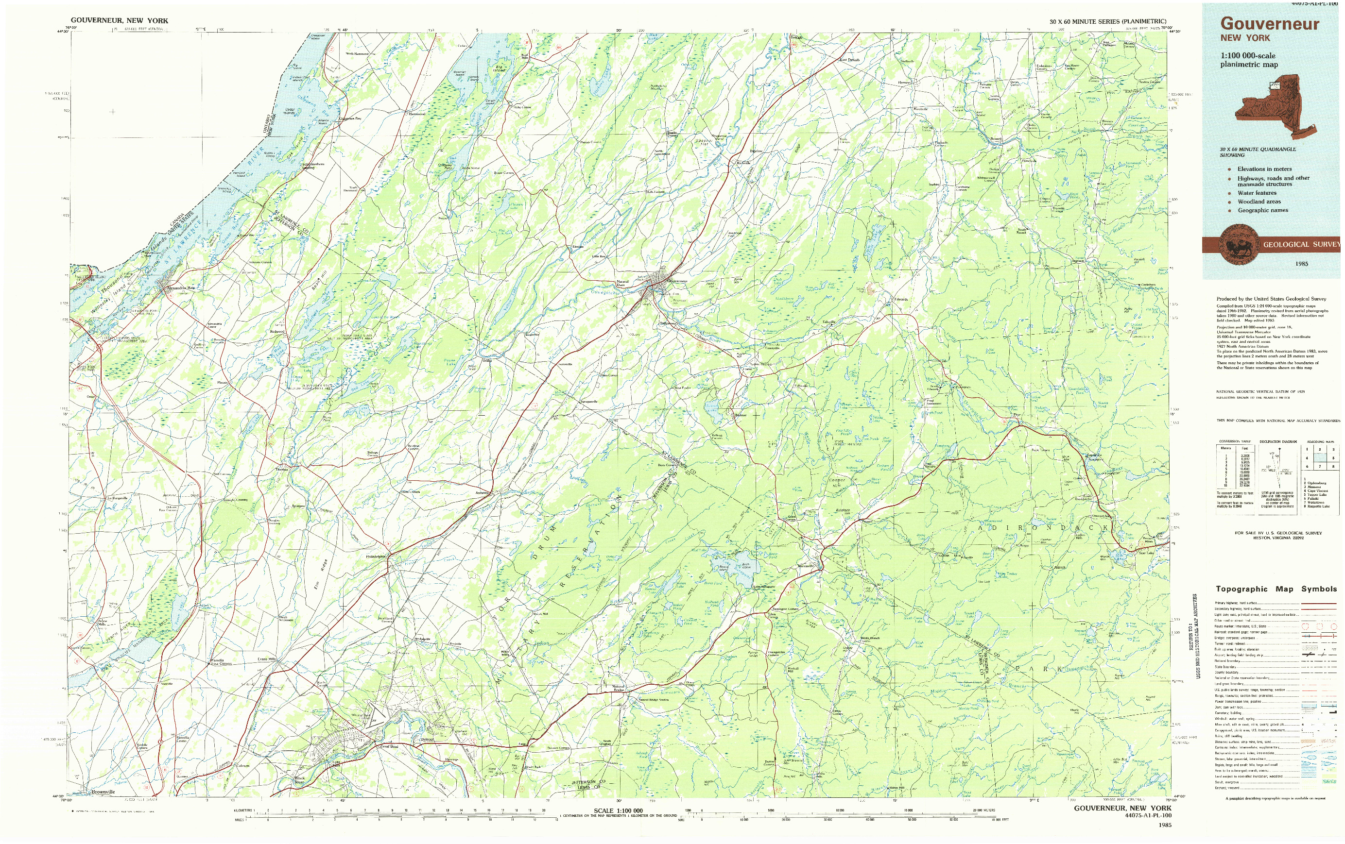 USGS 1:100000-SCALE QUADRANGLE FOR GOUVERNEUR, NY 1985