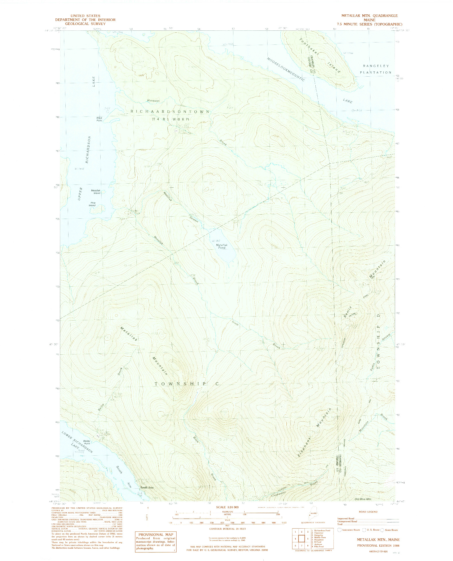 USGS 1:24000-SCALE QUADRANGLE FOR METALLAK MTN, ME 1984