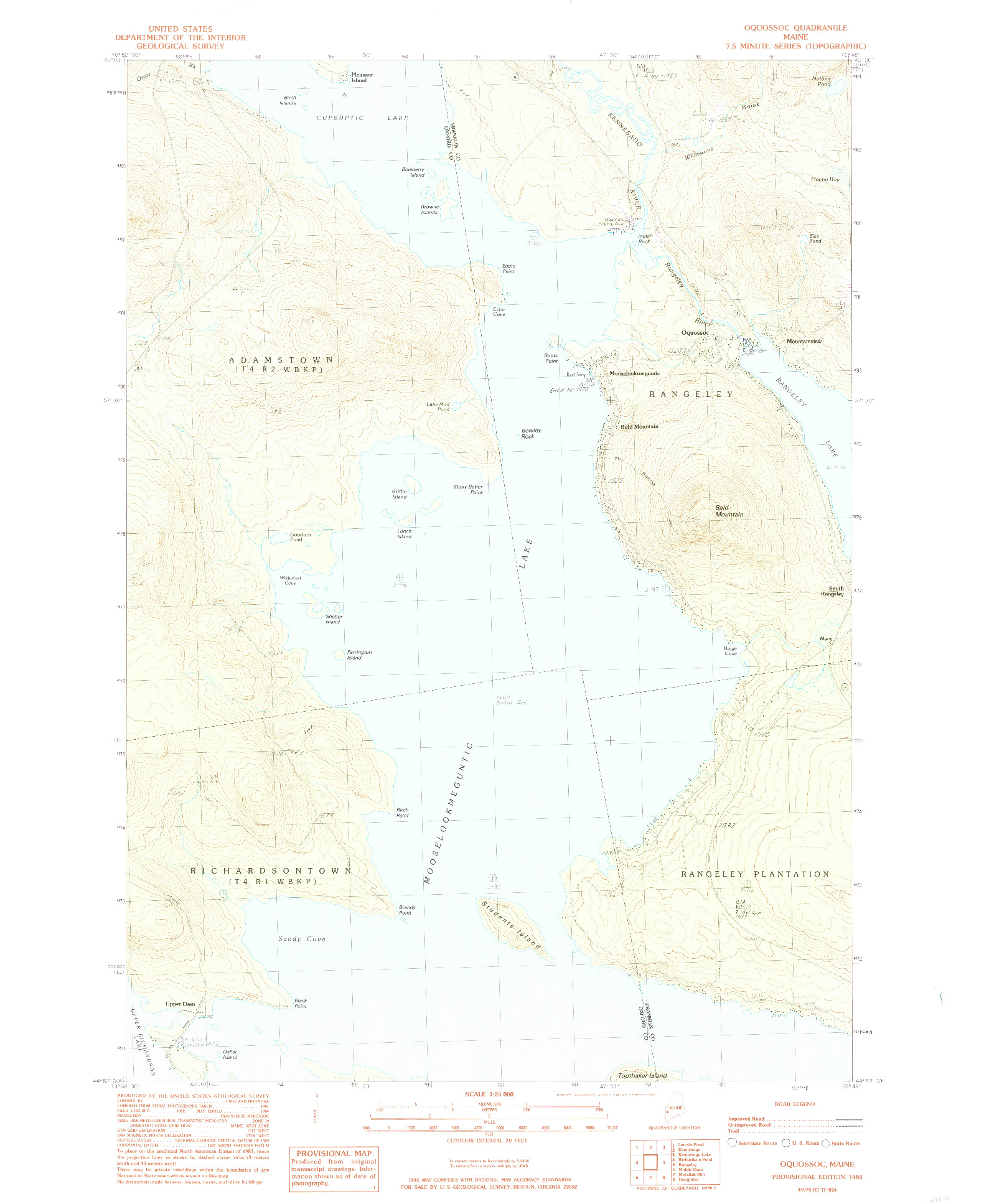USGS 1:24000-SCALE QUADRANGLE FOR OQUOSSOC, ME 1984