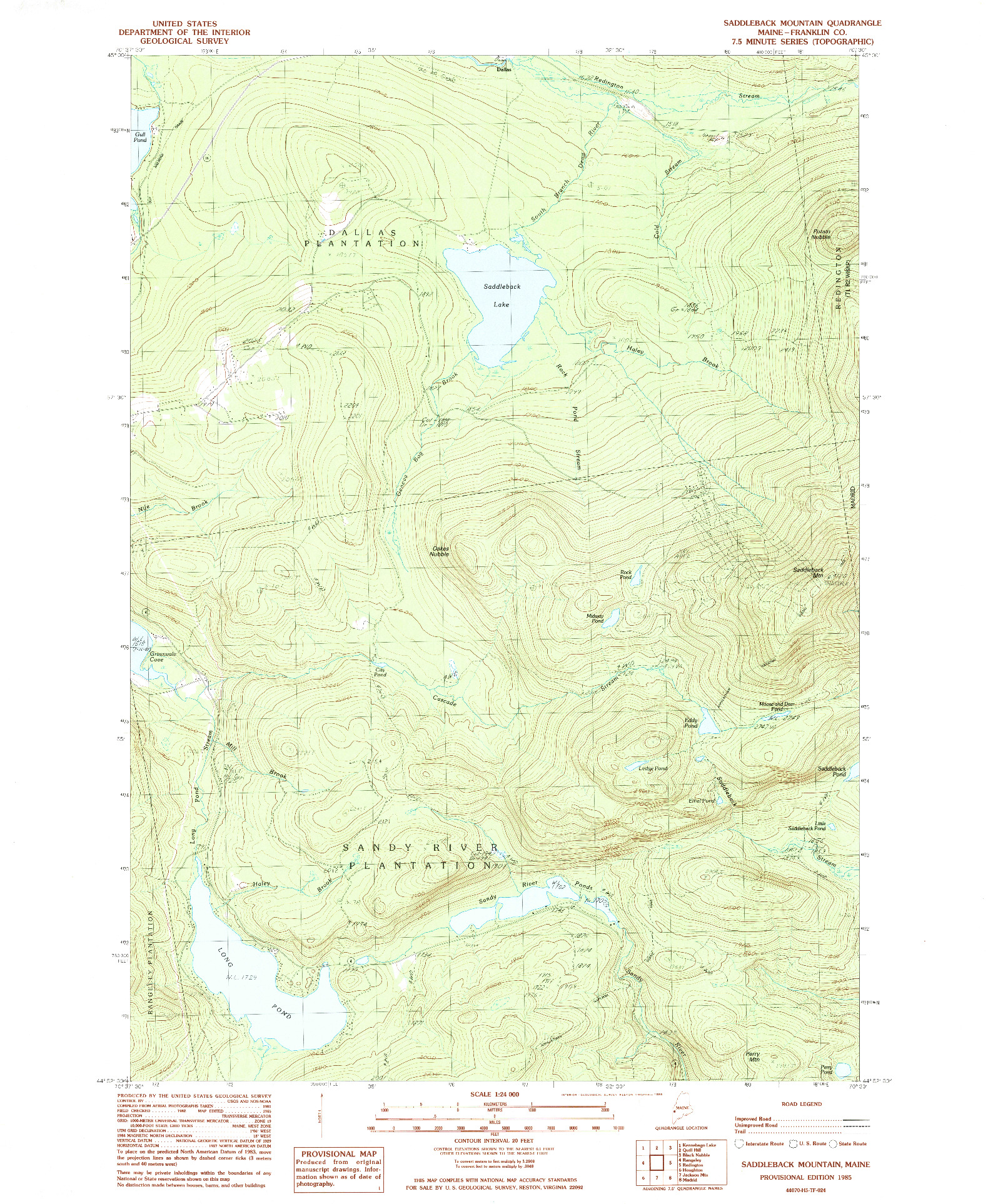 USGS 1:24000-SCALE QUADRANGLE FOR SADDLEBACK MOUNTAIN, ME 1985