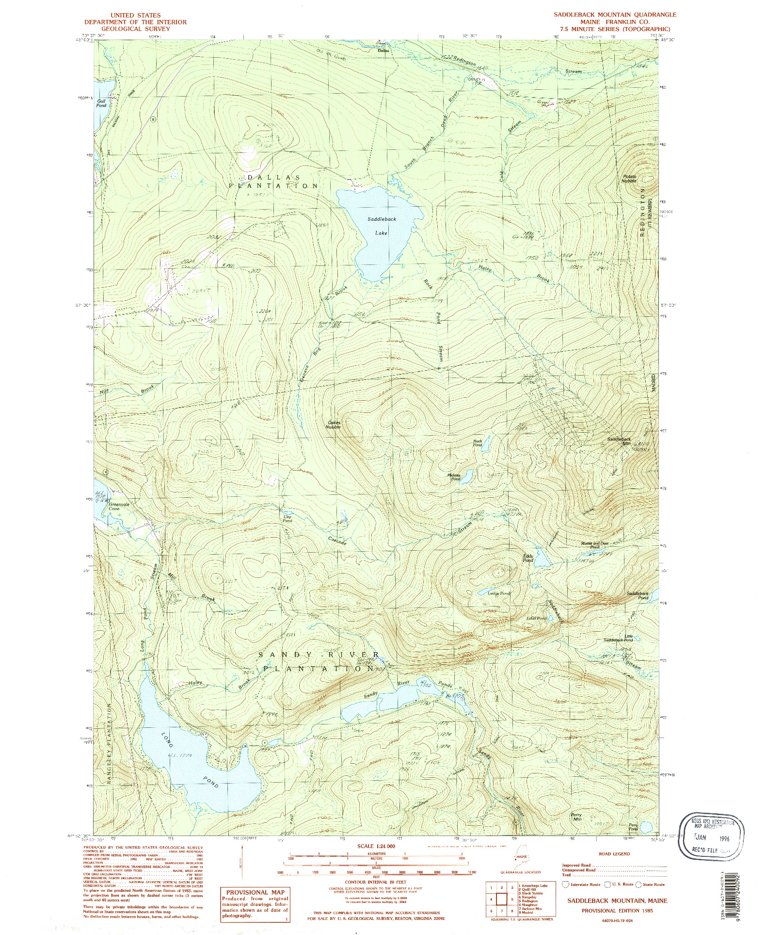USGS 1:24000-SCALE QUADRANGLE FOR SADDLEBACK MOUNTAIN, ME 1985