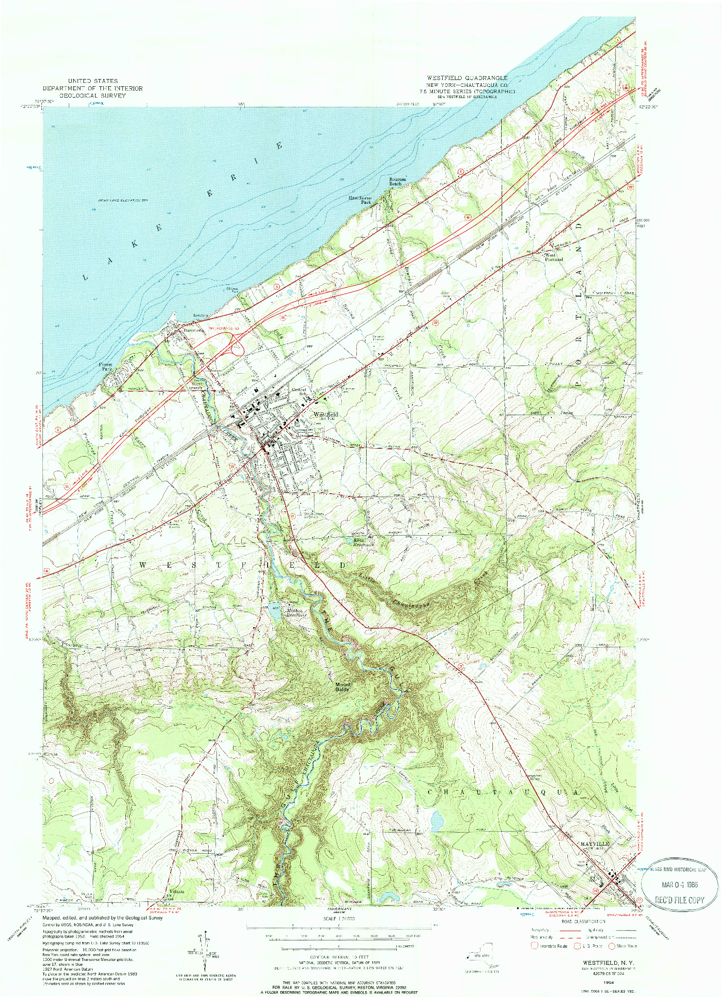 USGS 1:24000-SCALE QUADRANGLE FOR WESTFIELD, NY 1954