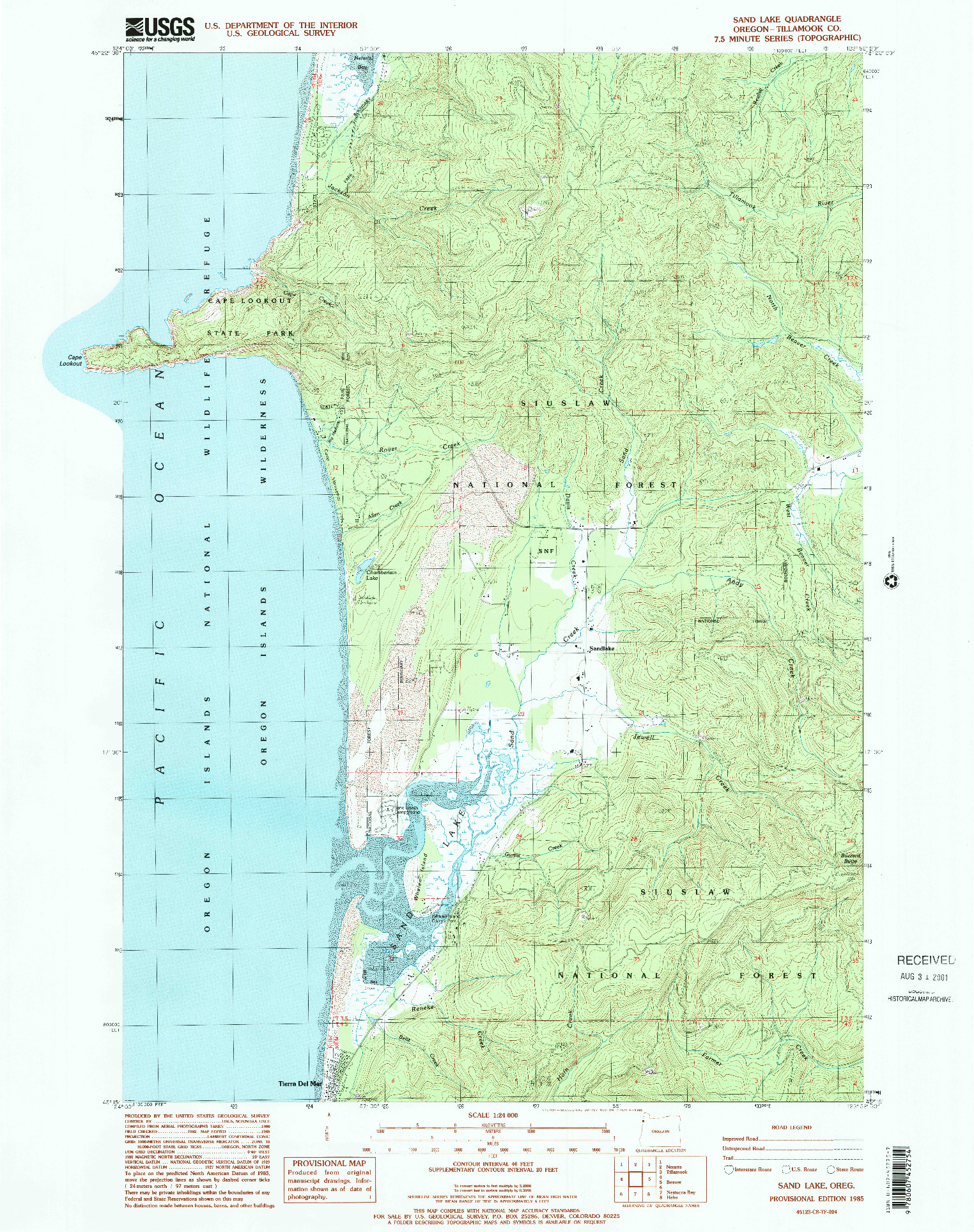 USGS 1:24000-SCALE QUADRANGLE FOR SAND LAKE, OR 1985