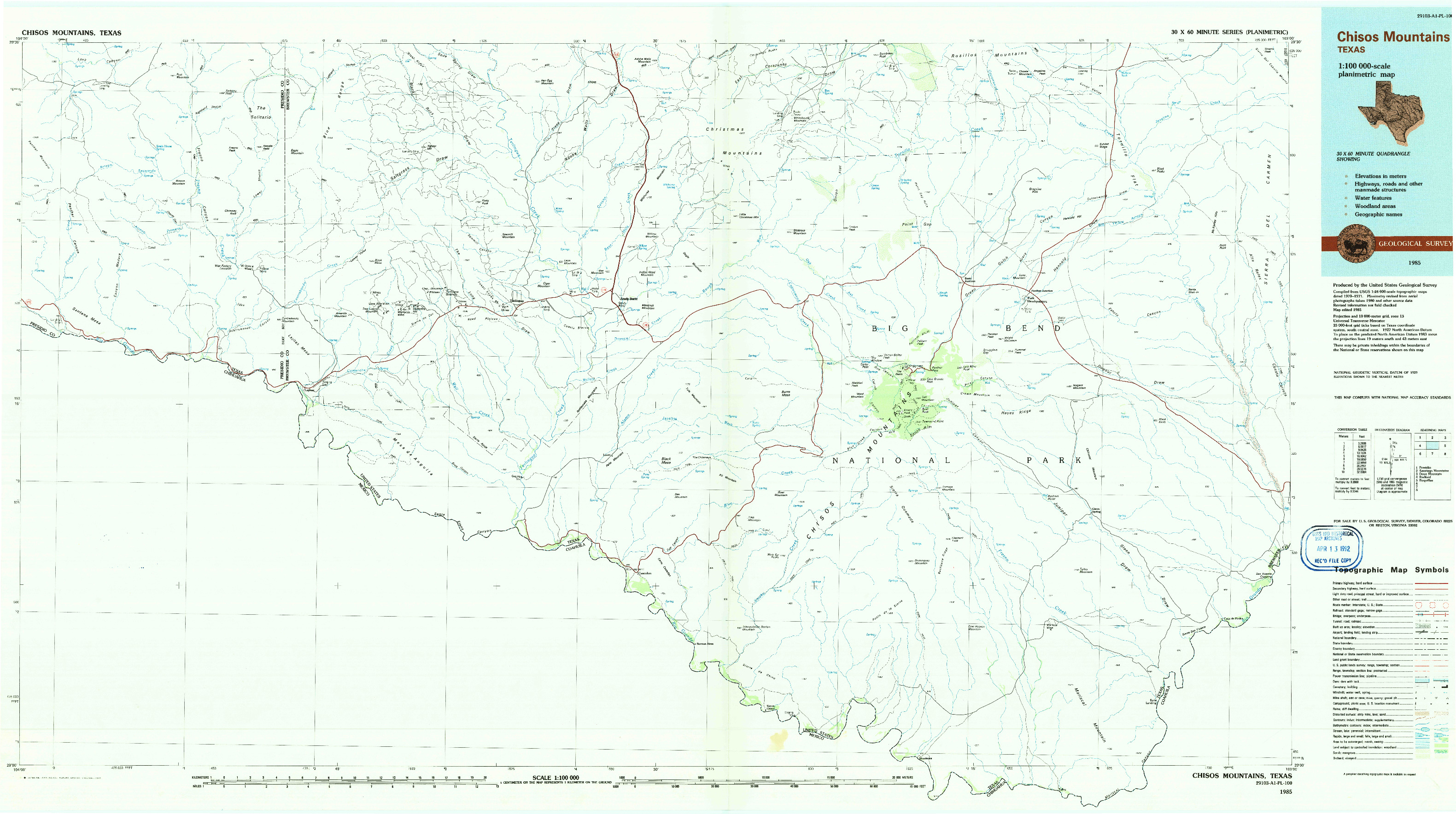 USGS 1:100000-SCALE QUADRANGLE FOR CHISOS MOUNTAINS, TX 1985