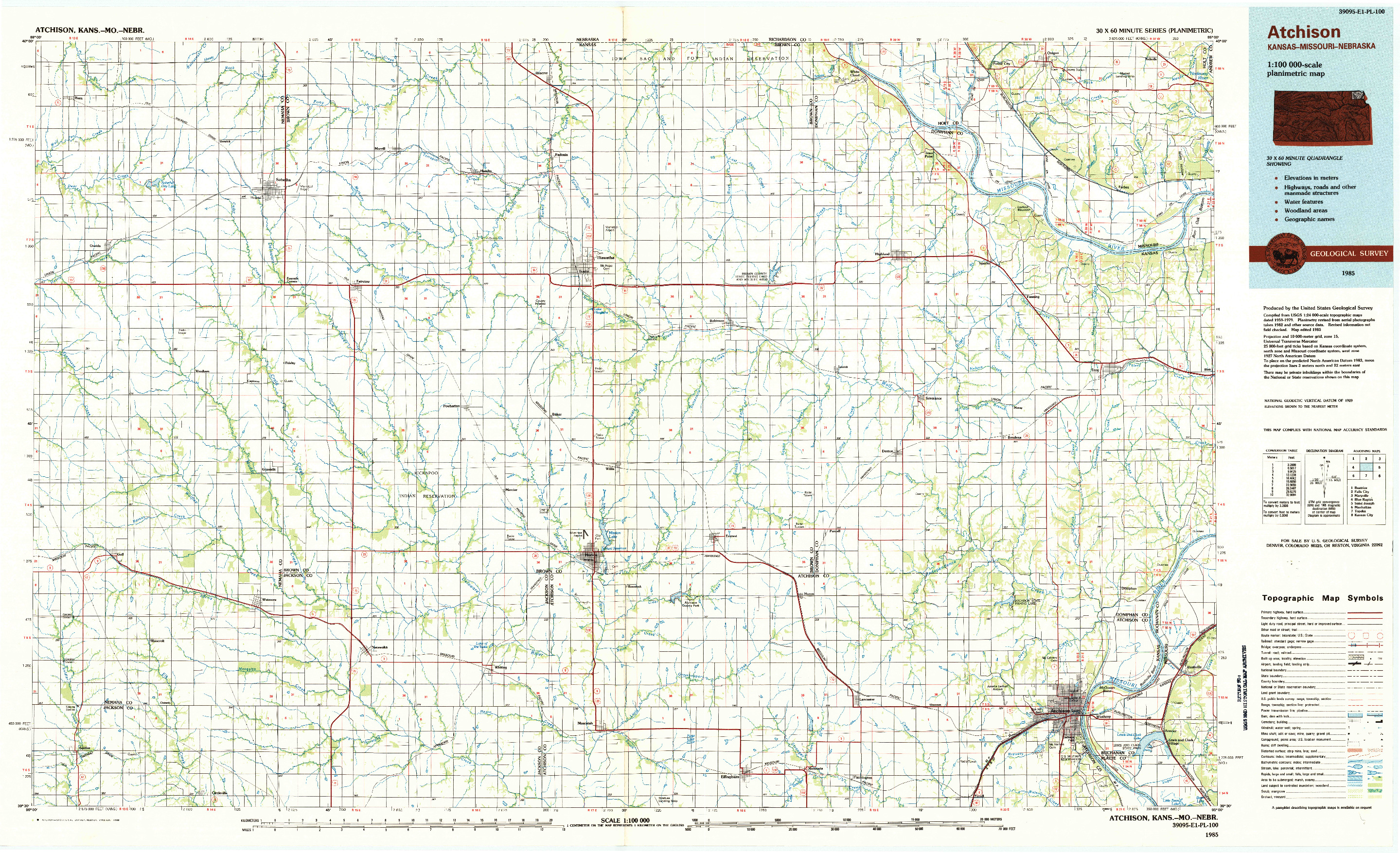 USGS 1:100000-SCALE QUADRANGLE FOR ATCHISON, KS 1985