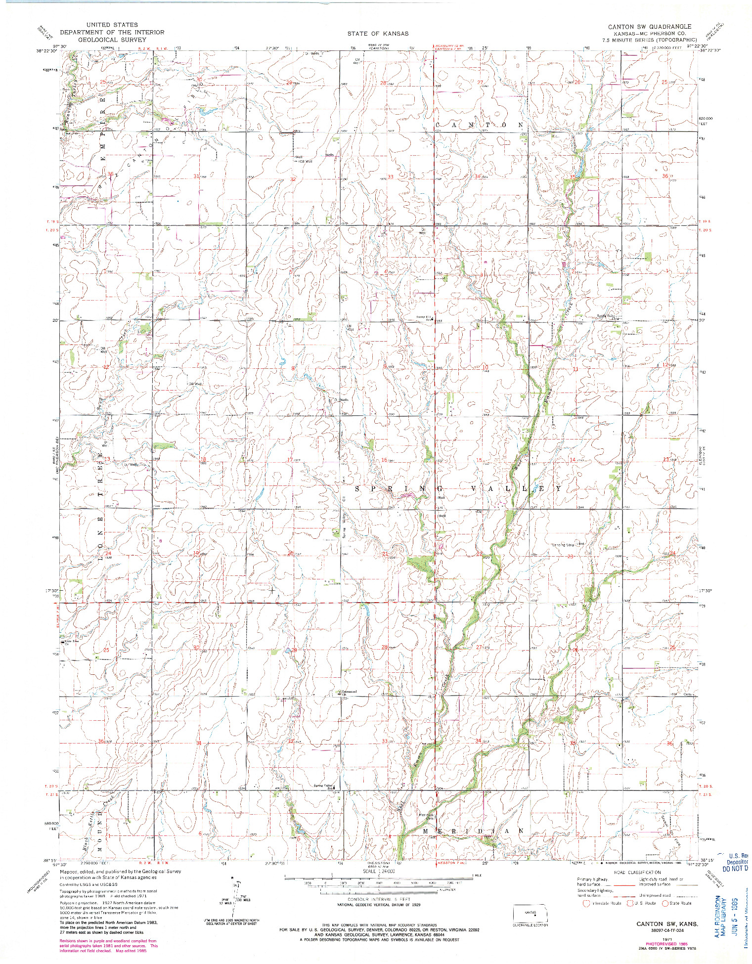 USGS 1:24000-SCALE QUADRANGLE FOR CANTON SW, KS 1971