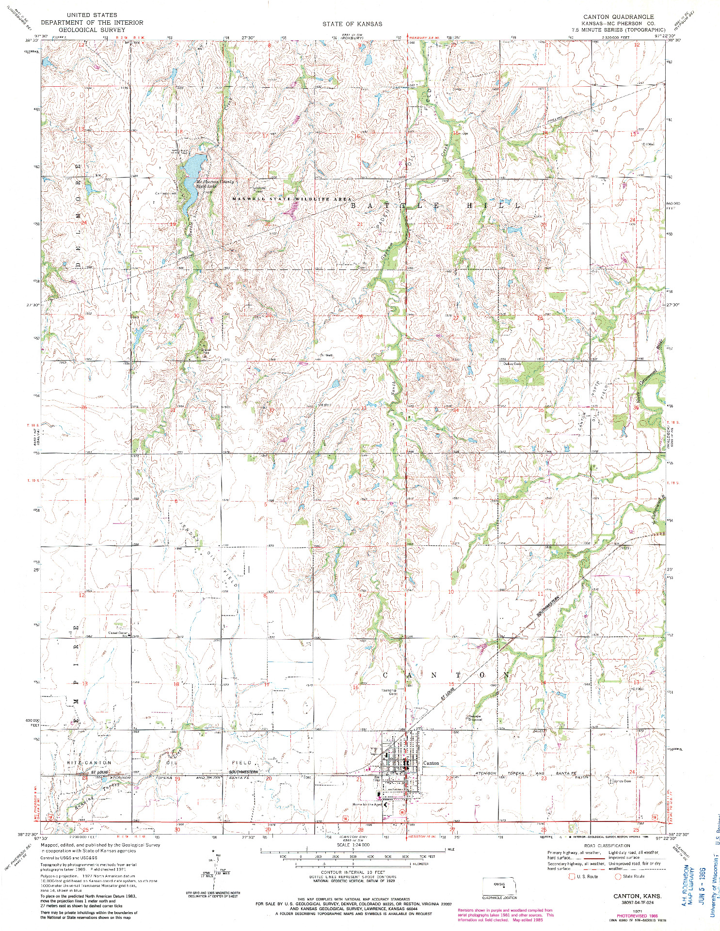 USGS 1:24000-SCALE QUADRANGLE FOR CANTON, KS 1971