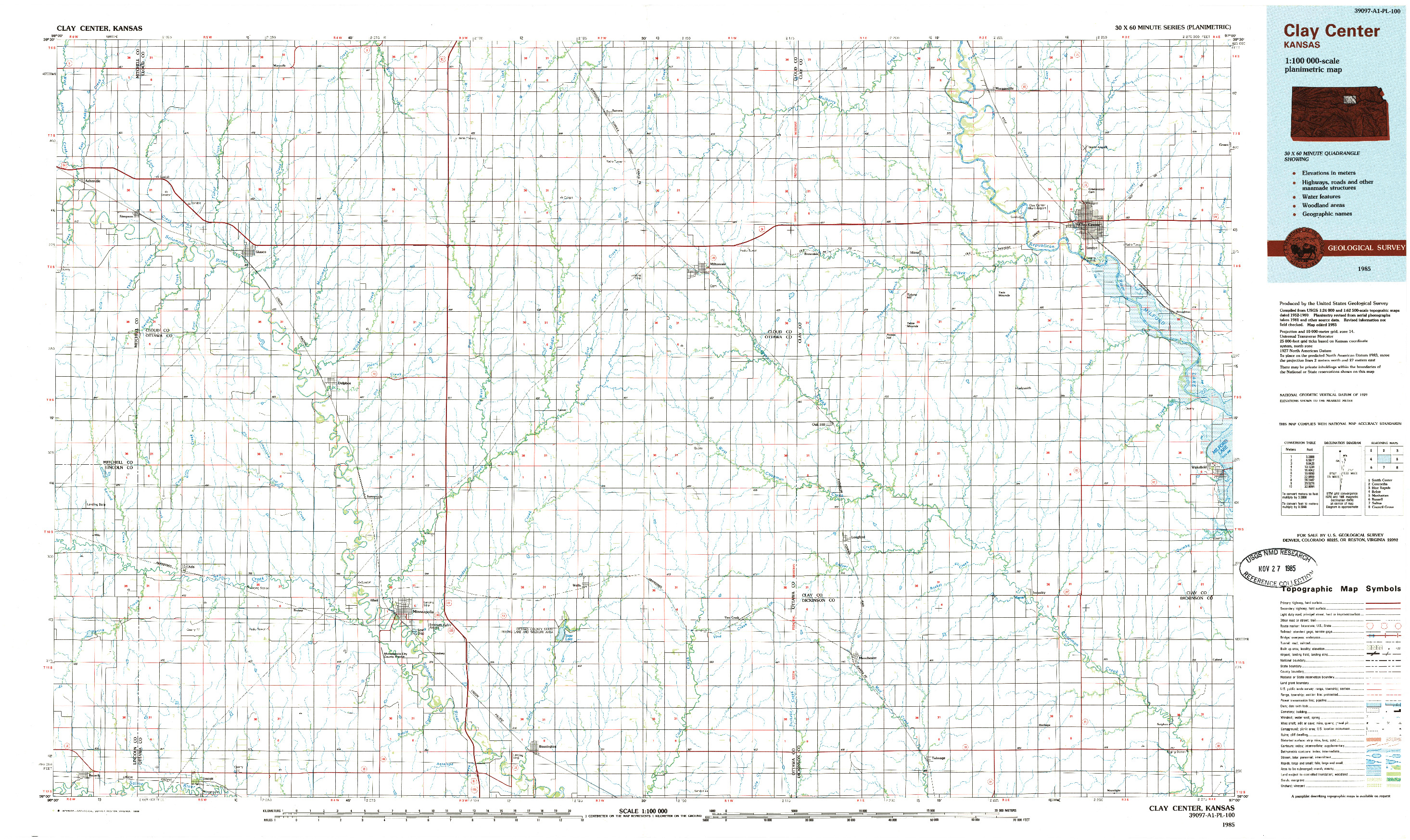 USGS 1:100000-SCALE QUADRANGLE FOR CLAY CENTER, KS 1985