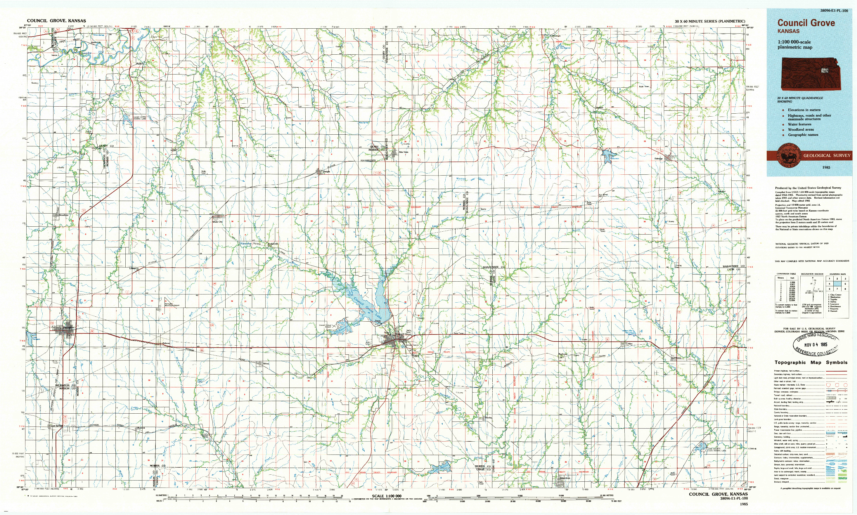 USGS 1:100000-SCALE QUADRANGLE FOR COUNCIL GROVE, KS 1985