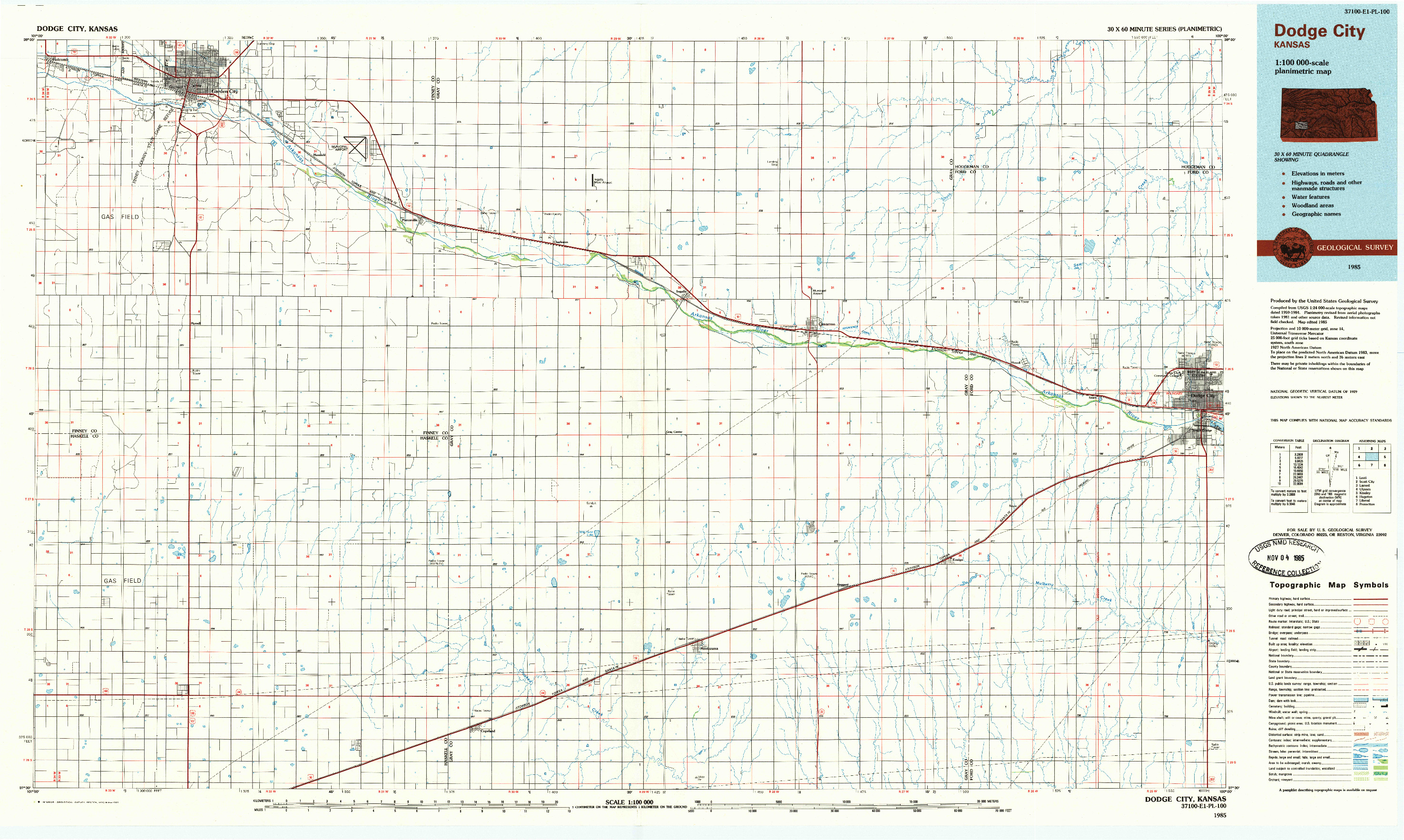 USGS 1:100000-SCALE QUADRANGLE FOR DODGE CITY, KS 1985