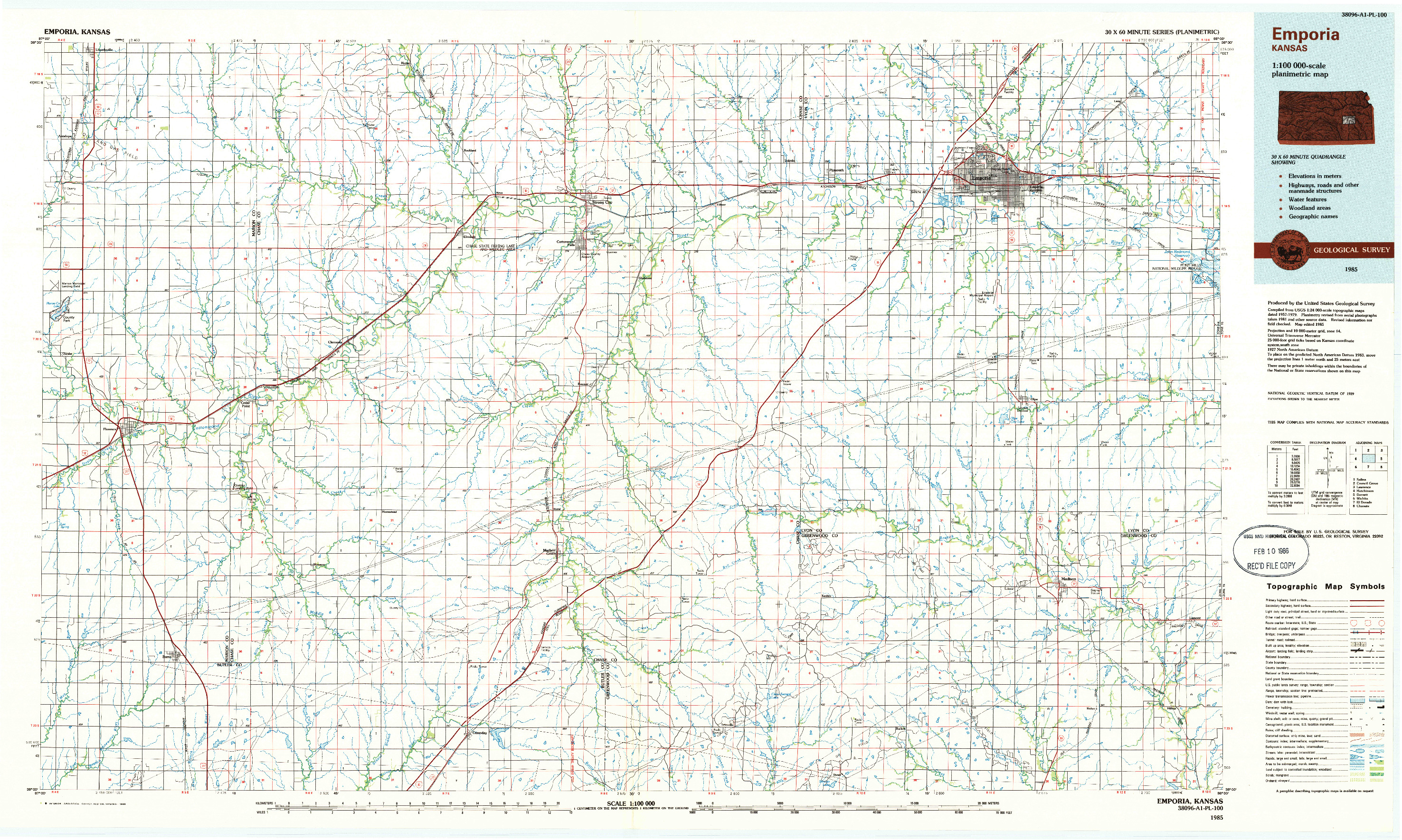 USGS 1:100000-SCALE QUADRANGLE FOR EMPORIA, KS 1985