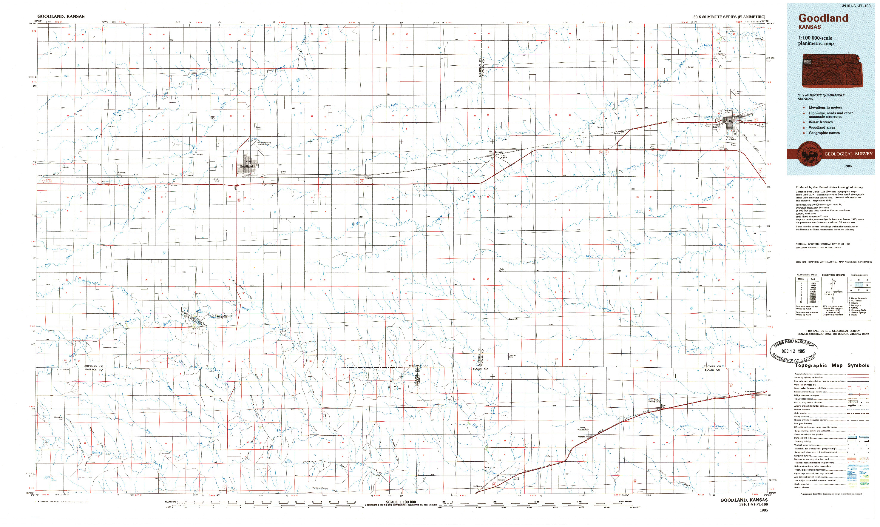 USGS 1:100000-SCALE QUADRANGLE FOR GOODLAND, KS 1985