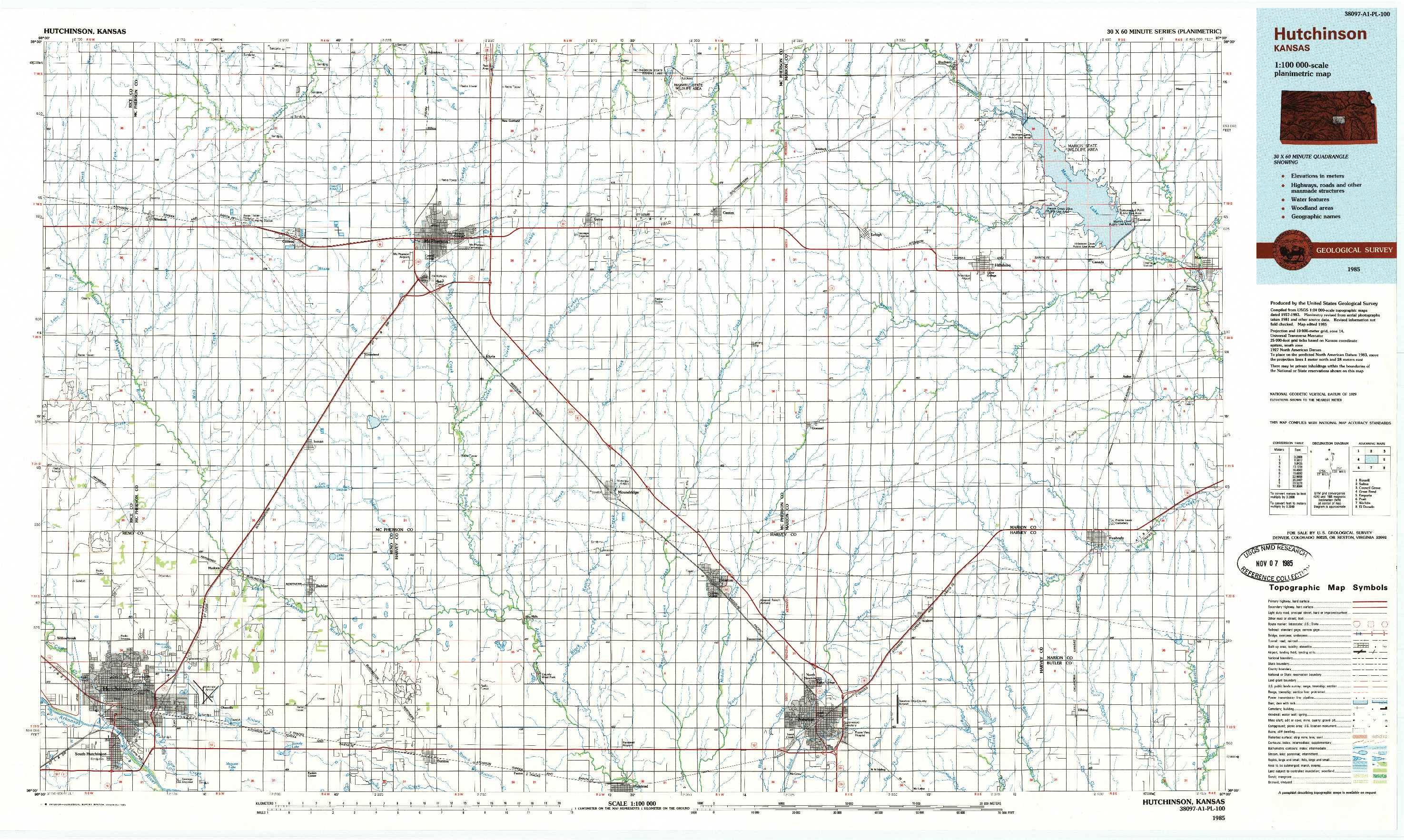 USGS 1:100000-SCALE QUADRANGLE FOR HUTCHINSON, KS 1985