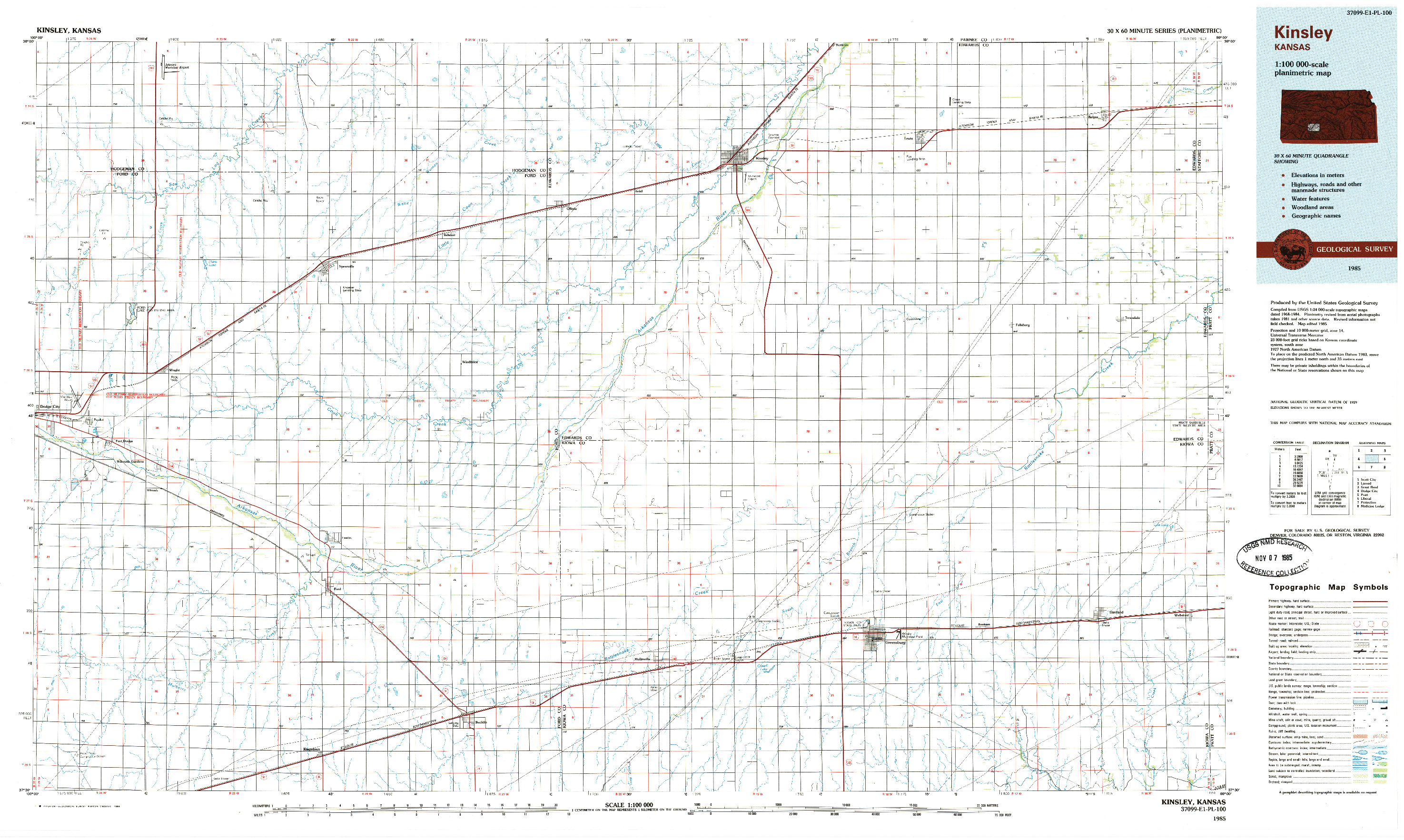 USGS 1:100000-SCALE QUADRANGLE FOR KINSLEY, KS 1985