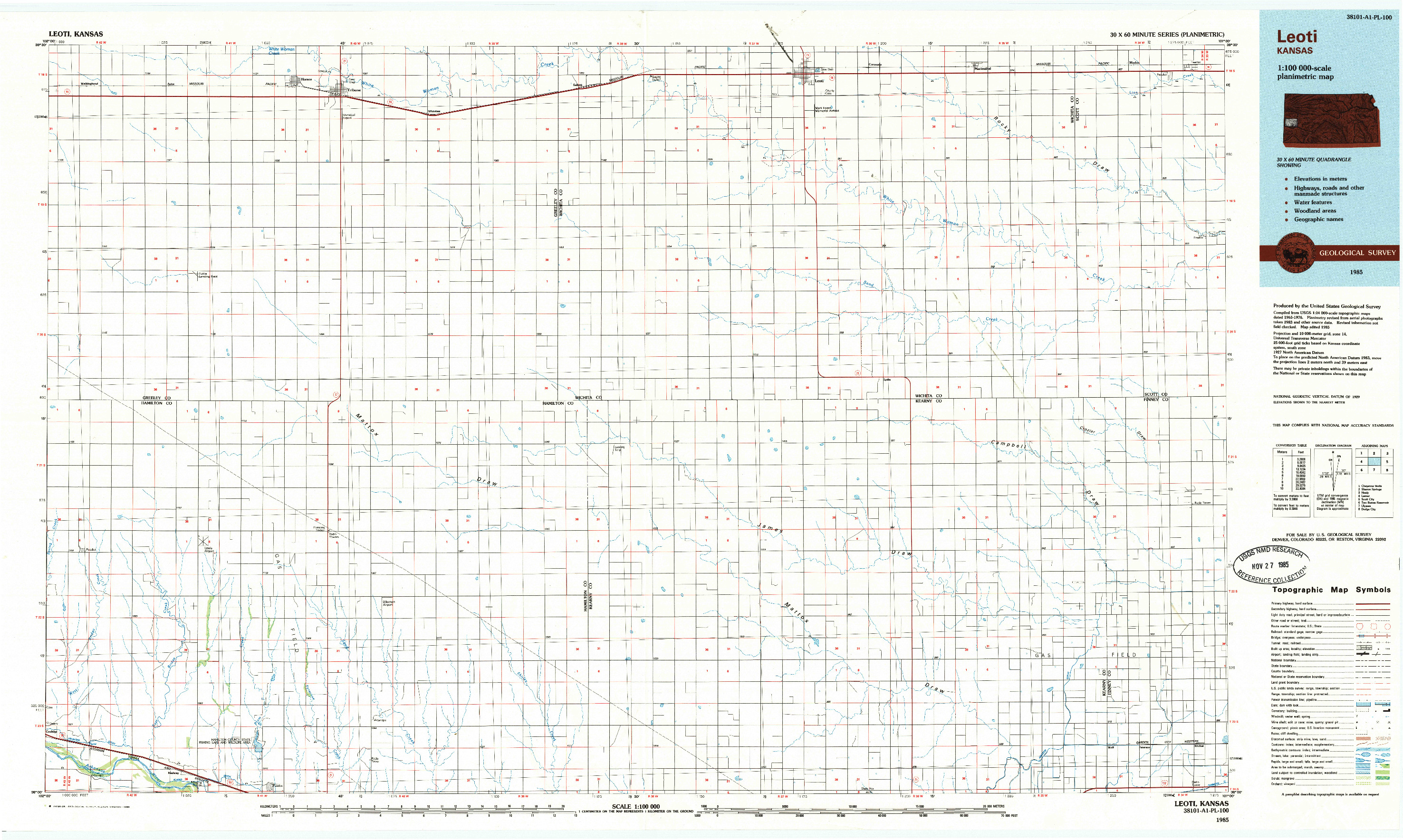 USGS 1:100000-SCALE QUADRANGLE FOR LEOTI, KS 1985