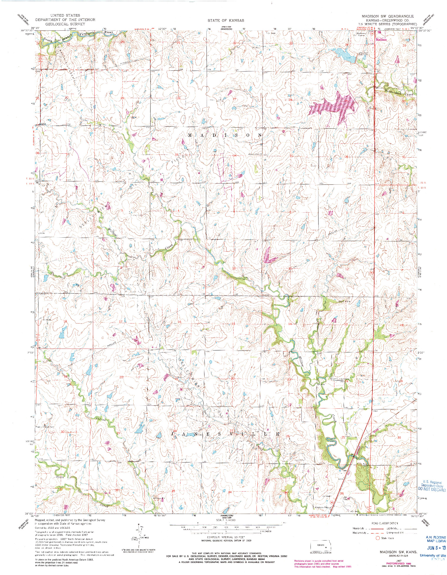 USGS 1:24000-SCALE QUADRANGLE FOR MADISON SW, KS 1967