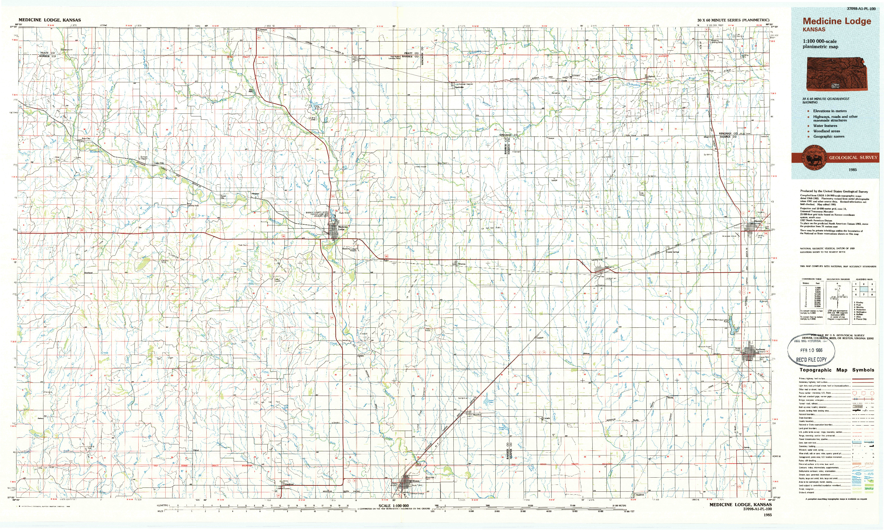 USGS 1:100000-SCALE QUADRANGLE FOR MEDICINE LODGE, KS 1985