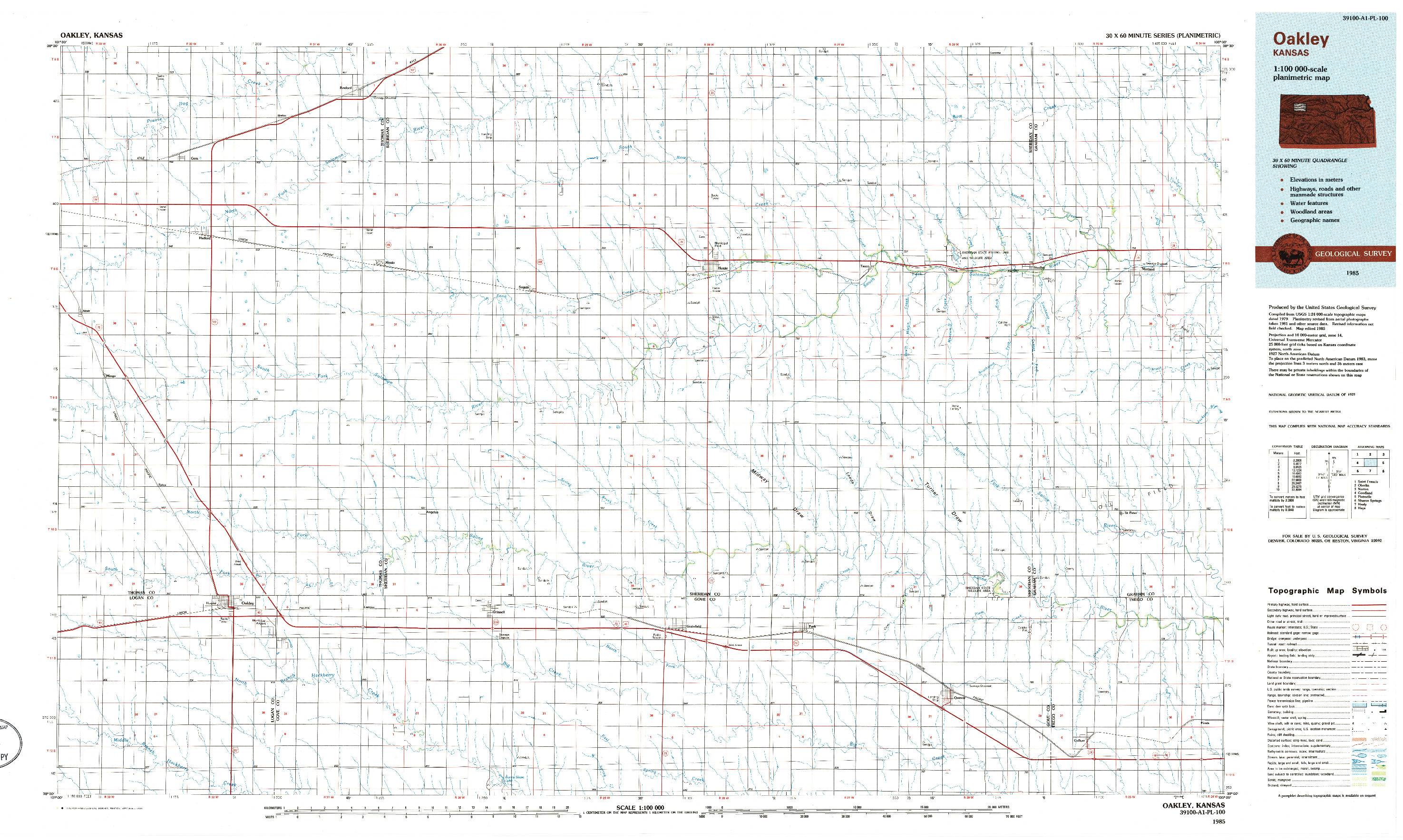 USGS 1:100000-SCALE QUADRANGLE FOR OAKLEY, KS 1985