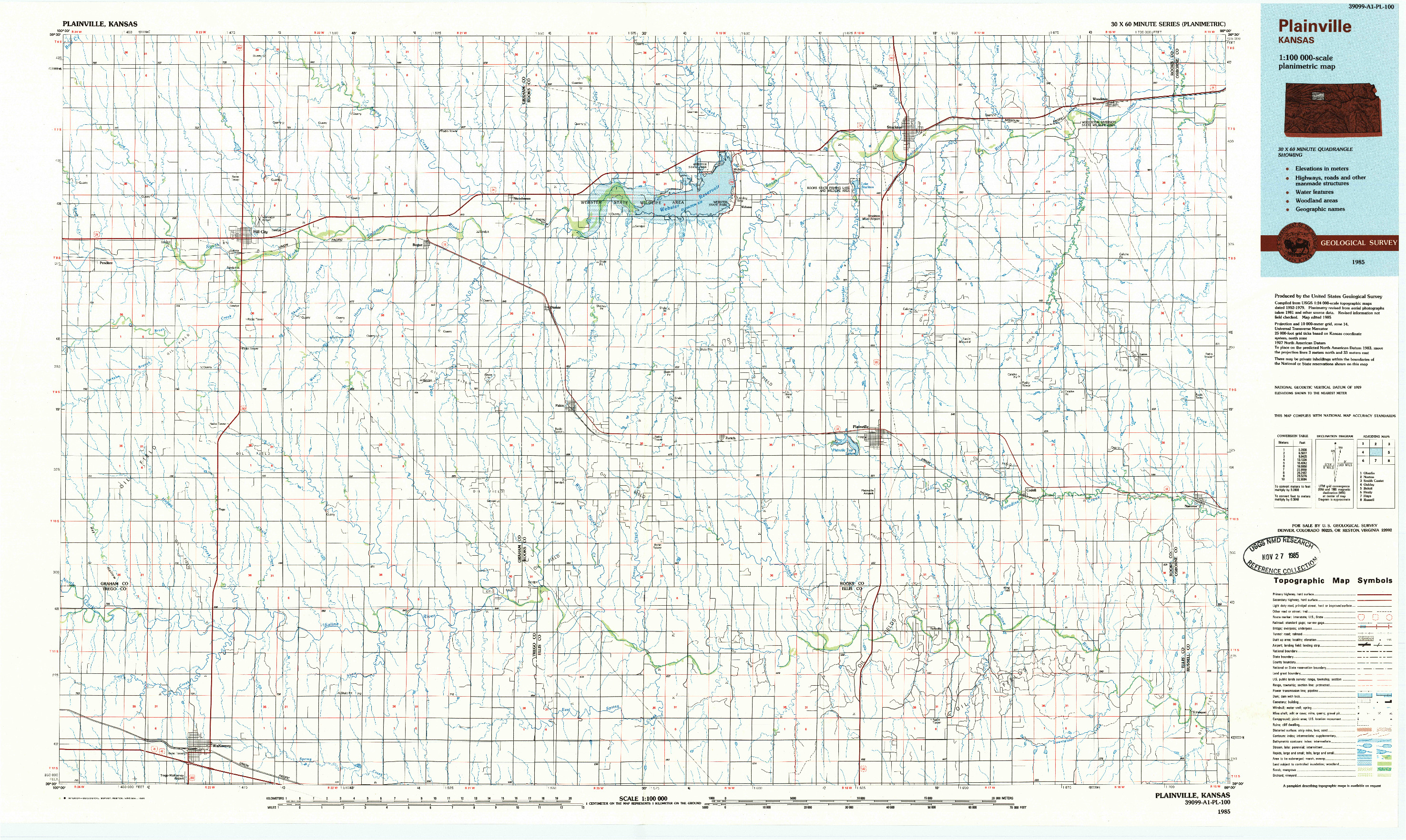 USGS 1:100000-SCALE QUADRANGLE FOR PLAINVILLE, KS 1985