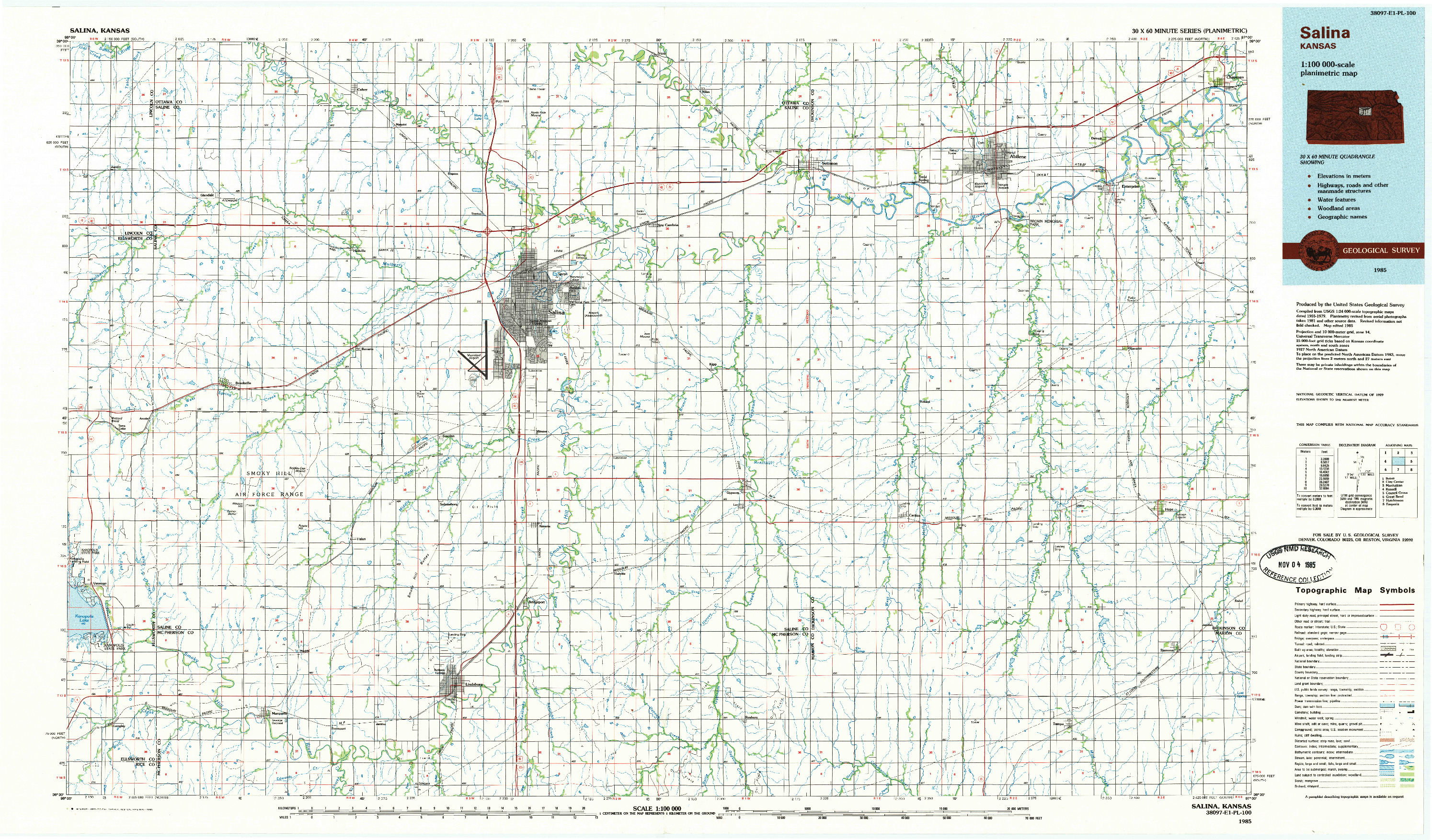 USGS 1:100000-SCALE QUADRANGLE FOR SALINA, KS 1985