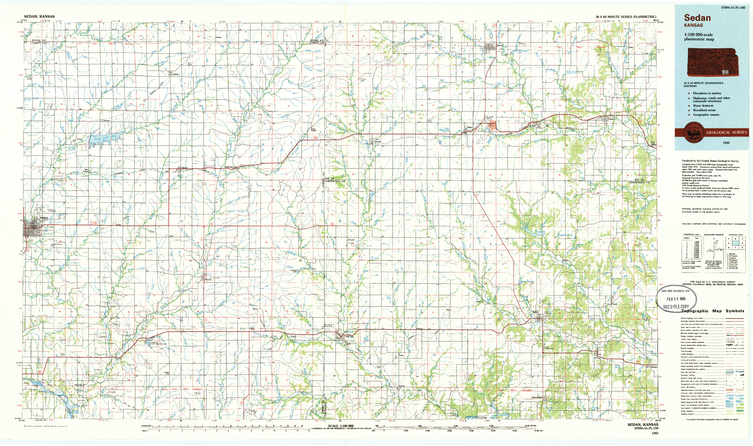 USGS 1:100000-SCALE QUADRANGLE FOR SEDAN, KS 1985