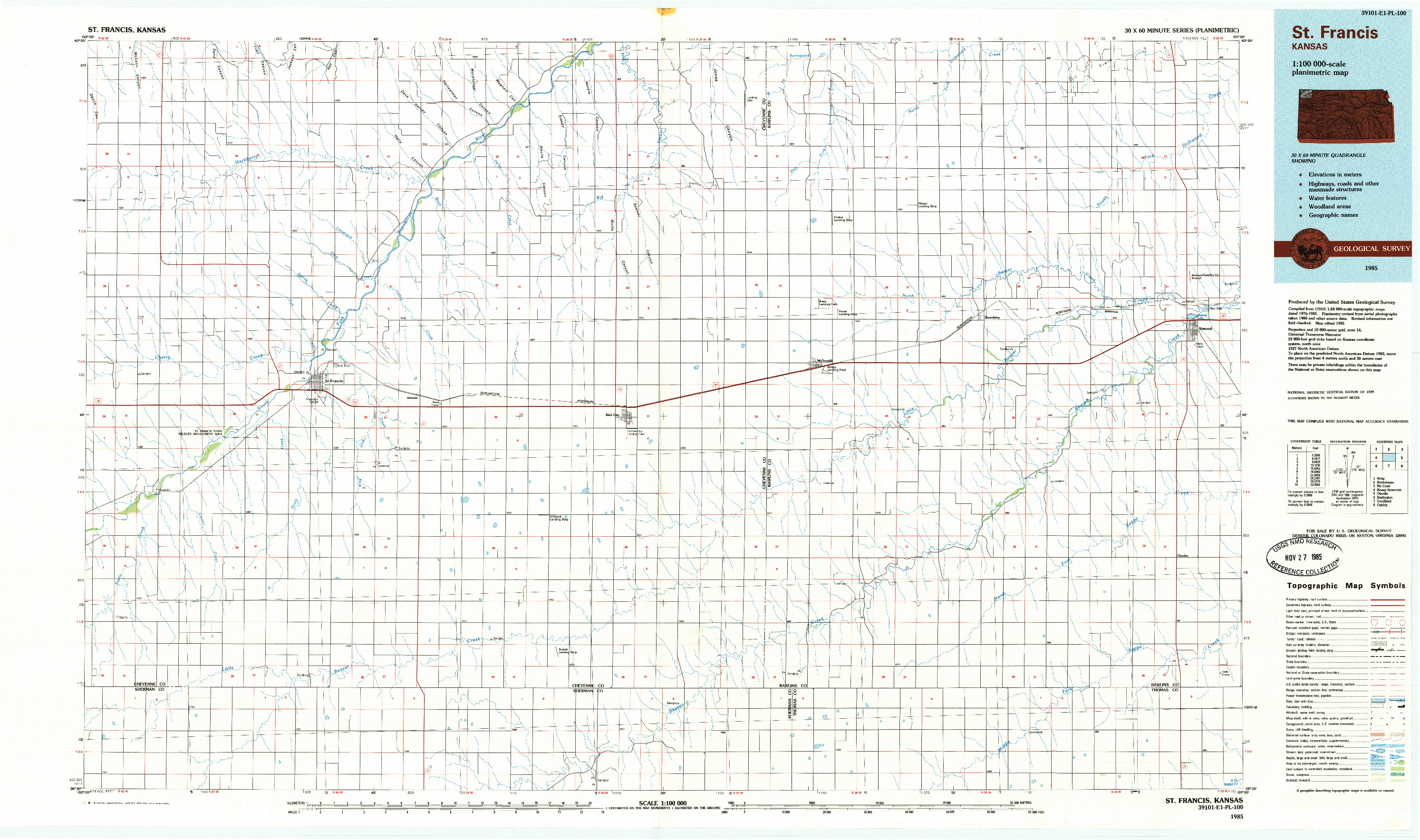 USGS 1:100000-SCALE QUADRANGLE FOR ST. FRANCIS, KS 1985