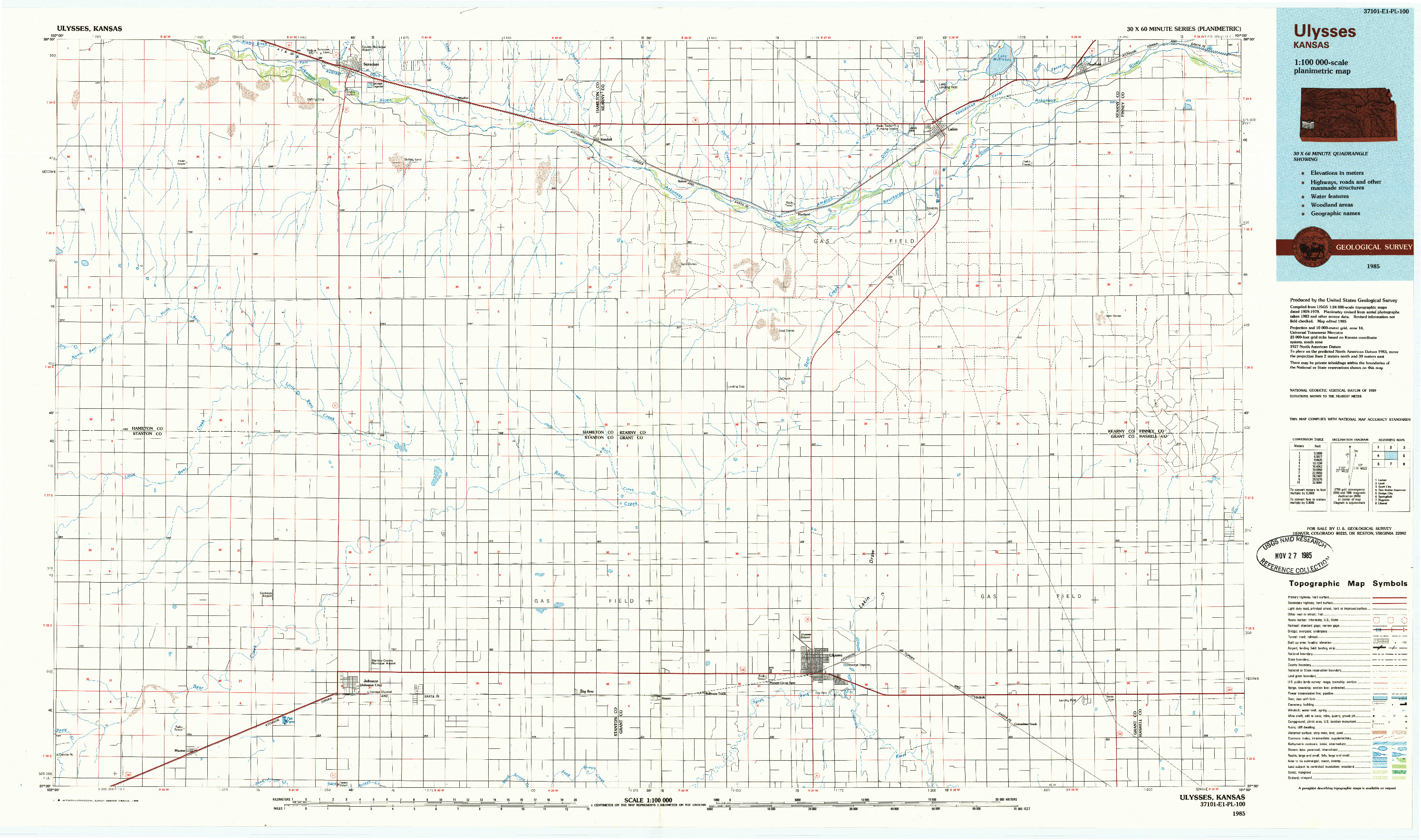 USGS 1:100000-SCALE QUADRANGLE FOR ULYSSES, KS 1985