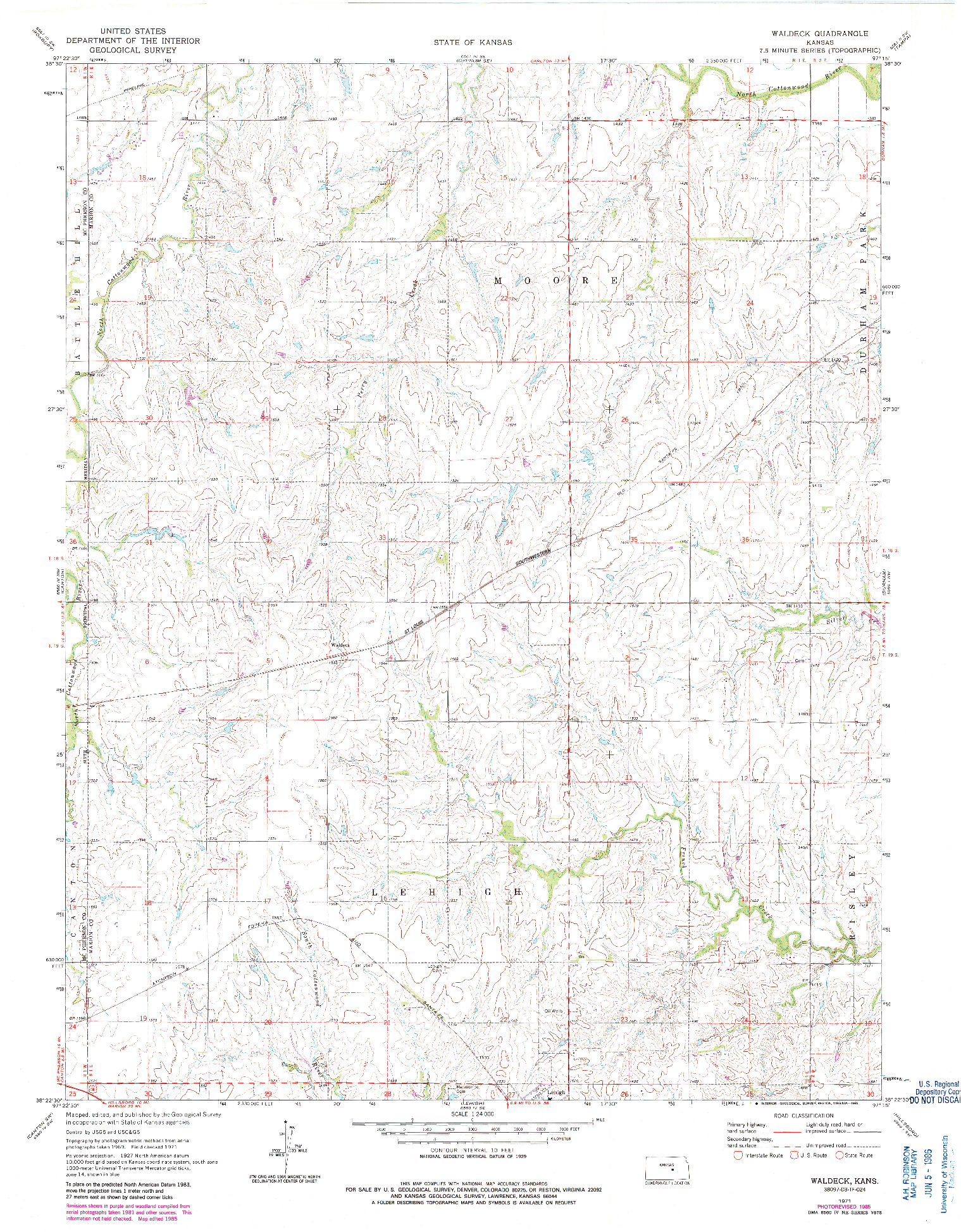 USGS 1:24000-SCALE QUADRANGLE FOR WALDECK, KS 1971