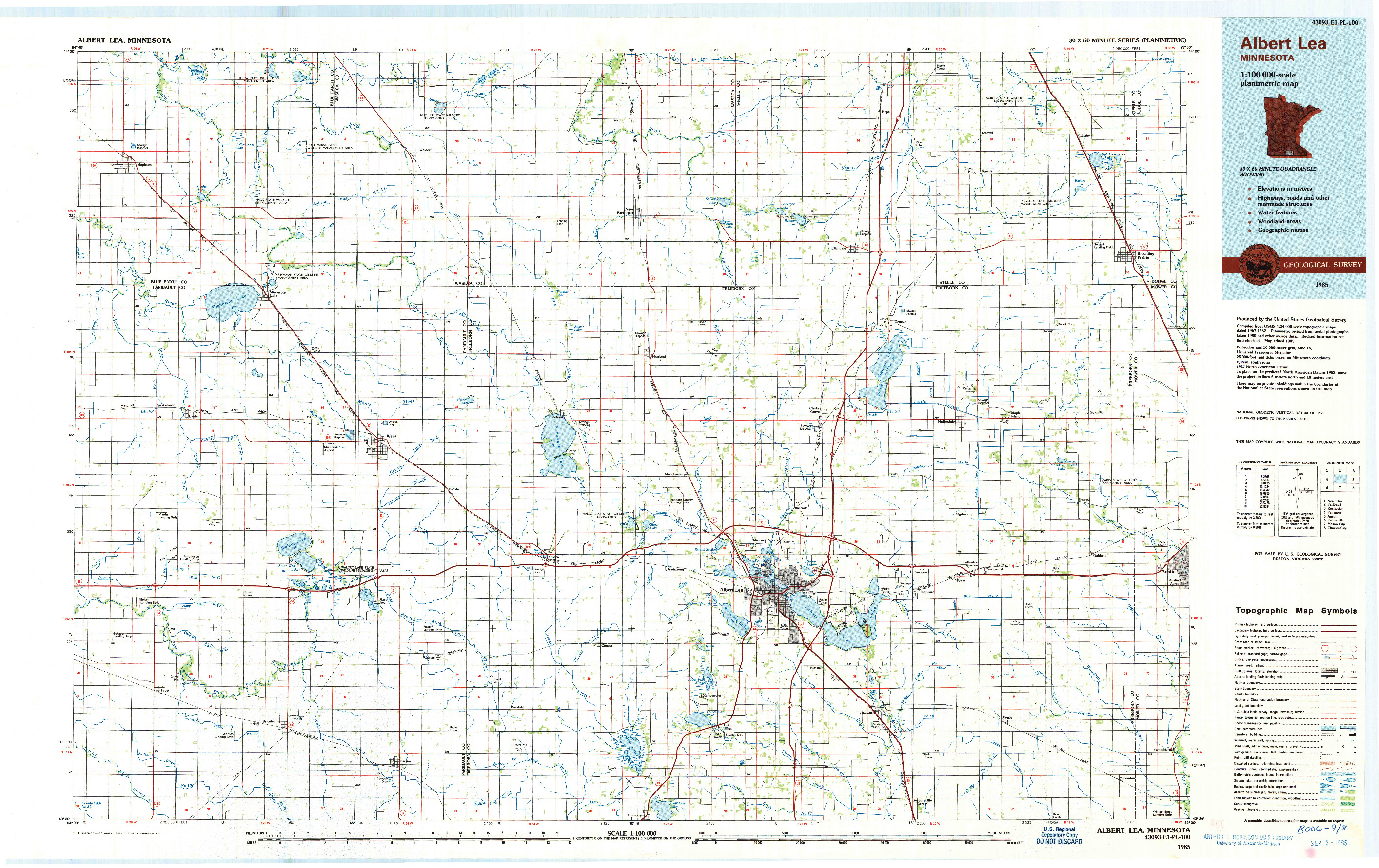 USGS 1:100000-SCALE QUADRANGLE FOR ALBERT LEA, MN 1985