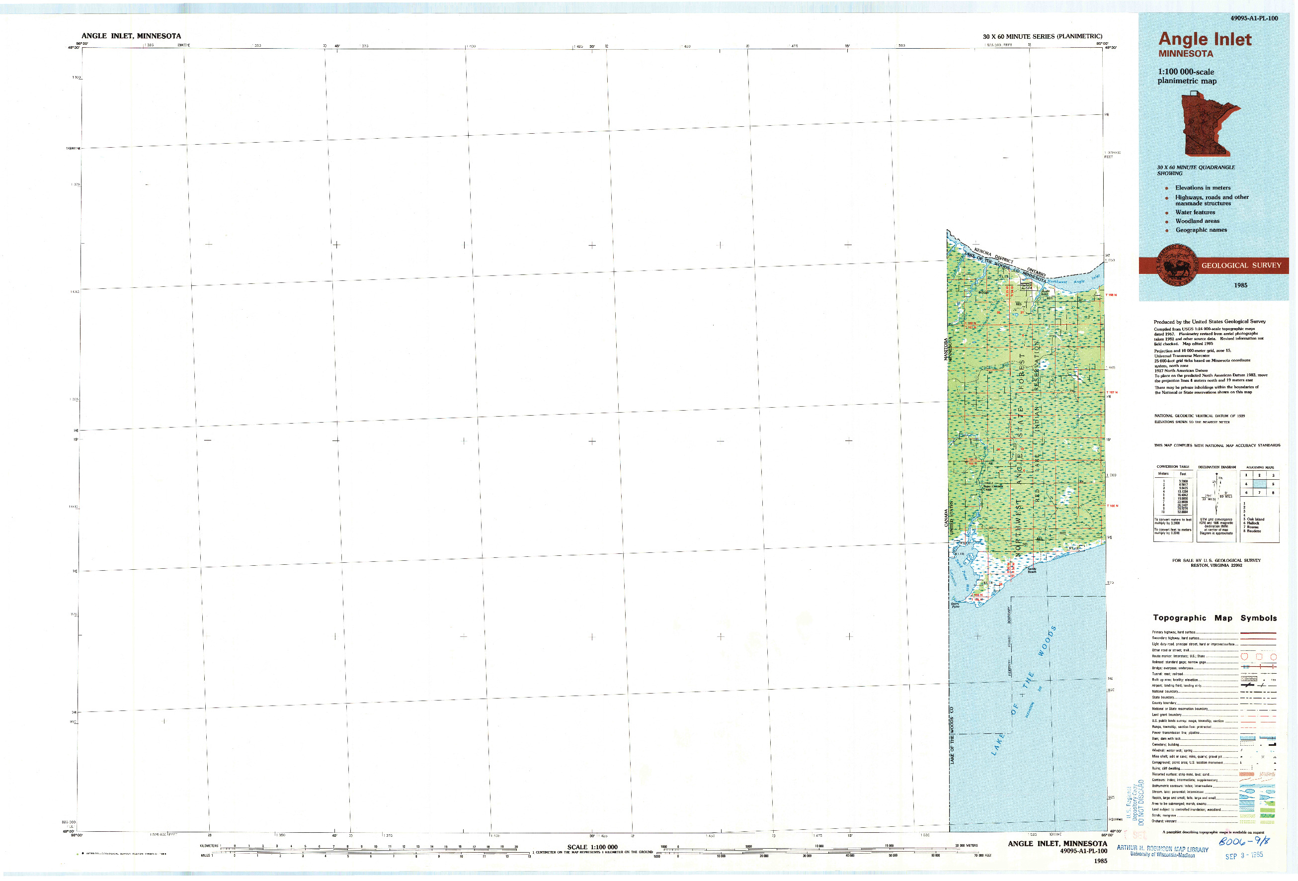 USGS 1:100000-SCALE QUADRANGLE FOR ANGLE INLET, MN 1985