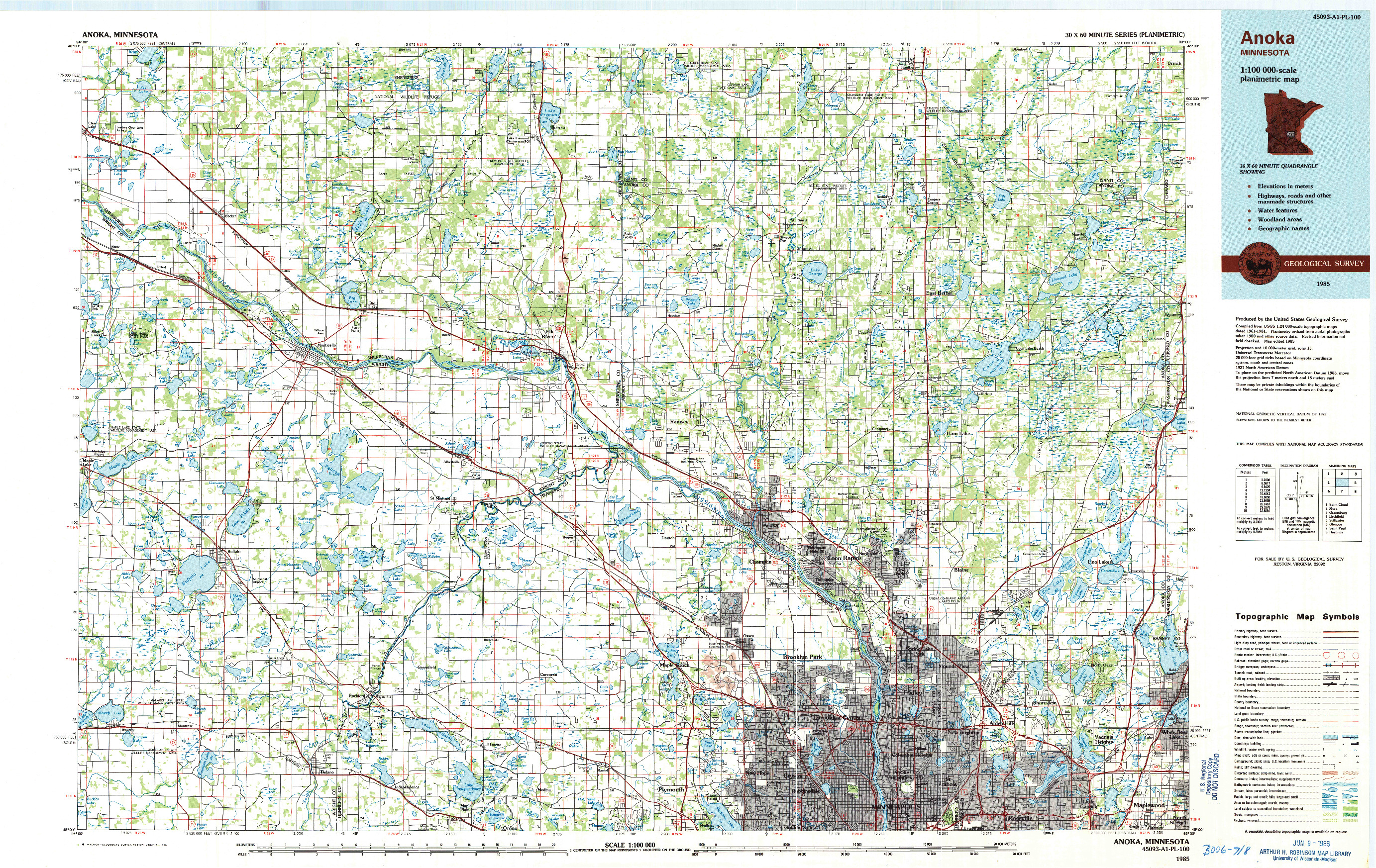 USGS 1:100000-SCALE QUADRANGLE FOR ANOKA, MN 1985