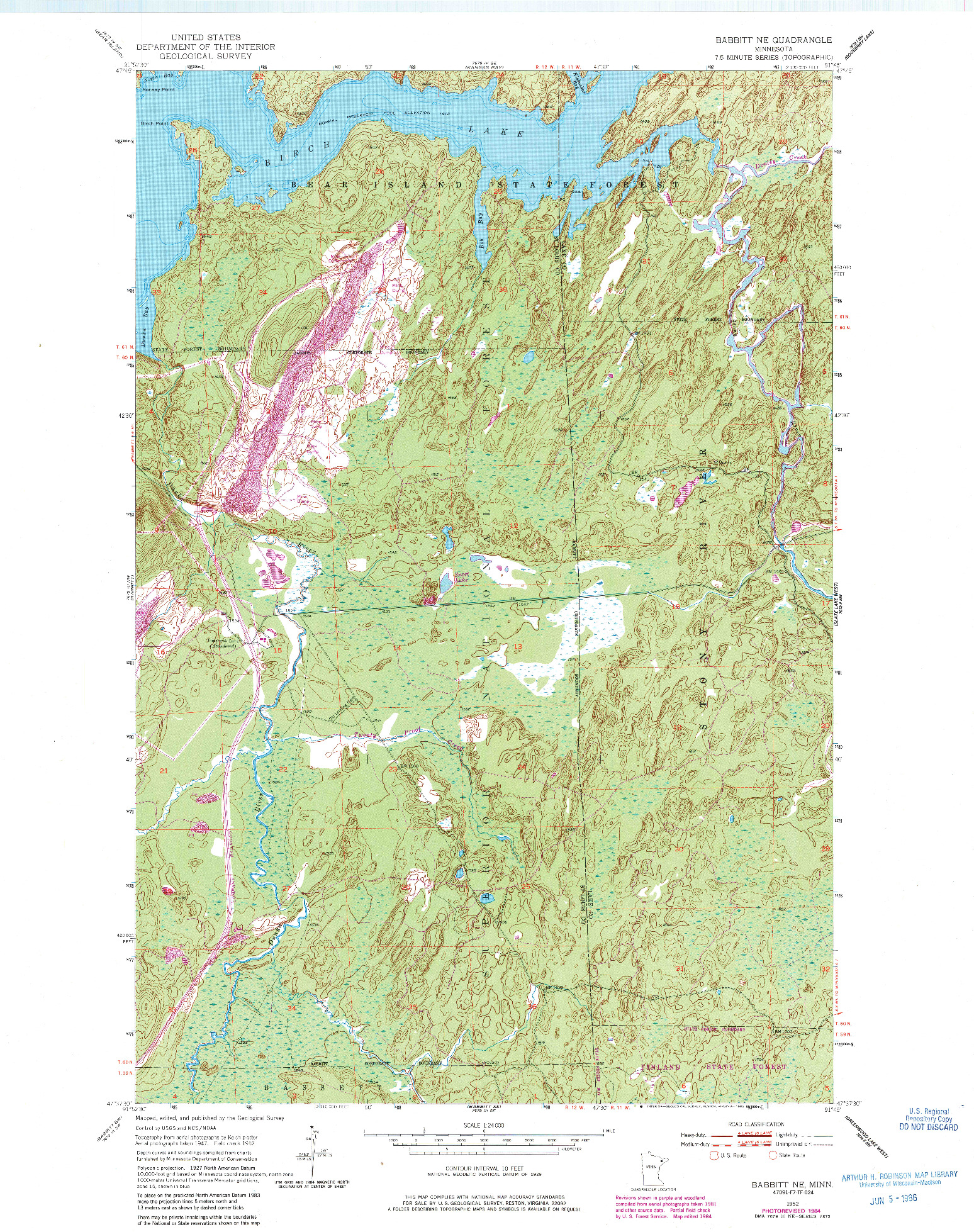 USGS 1:24000-SCALE QUADRANGLE FOR BABBITT NE, MN 1952