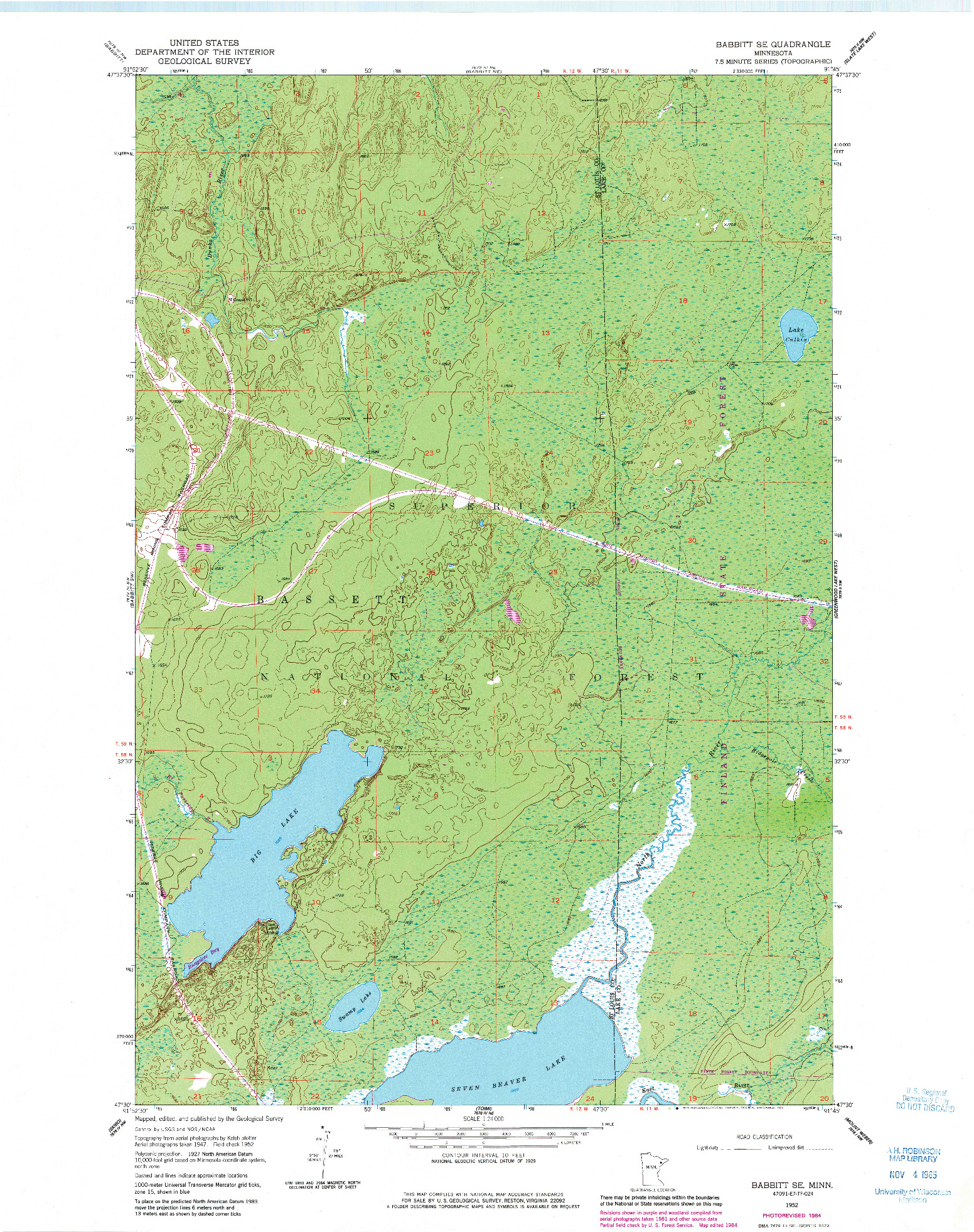 USGS 1:24000-SCALE QUADRANGLE FOR BABBITT SE, MN 1952