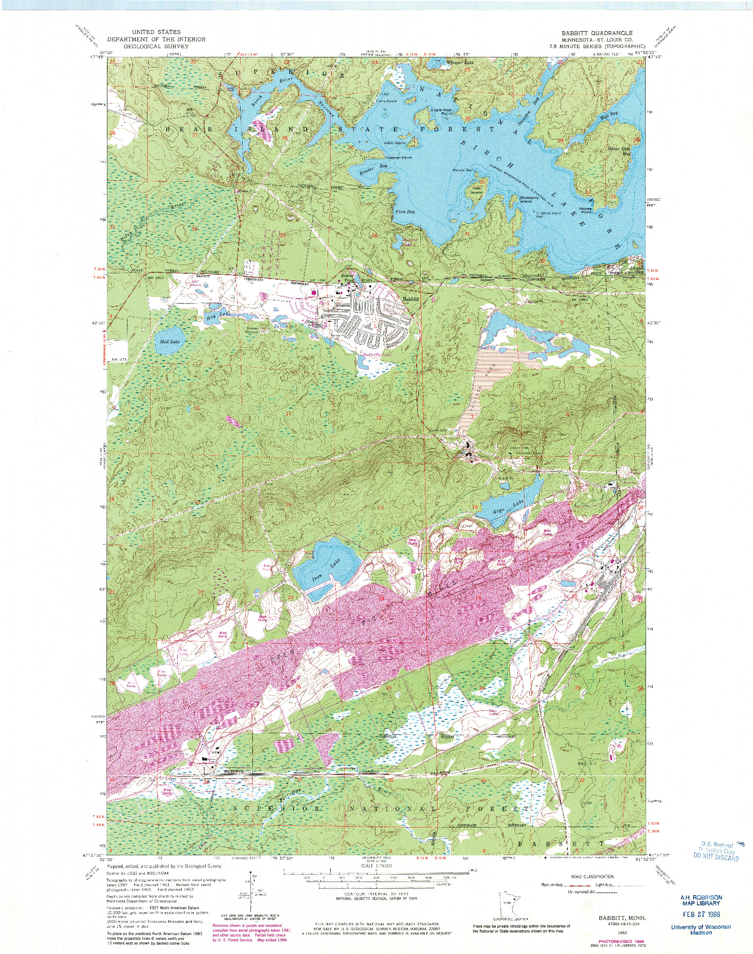 USGS 1:24000-SCALE QUADRANGLE FOR BABBITT, MN 1962