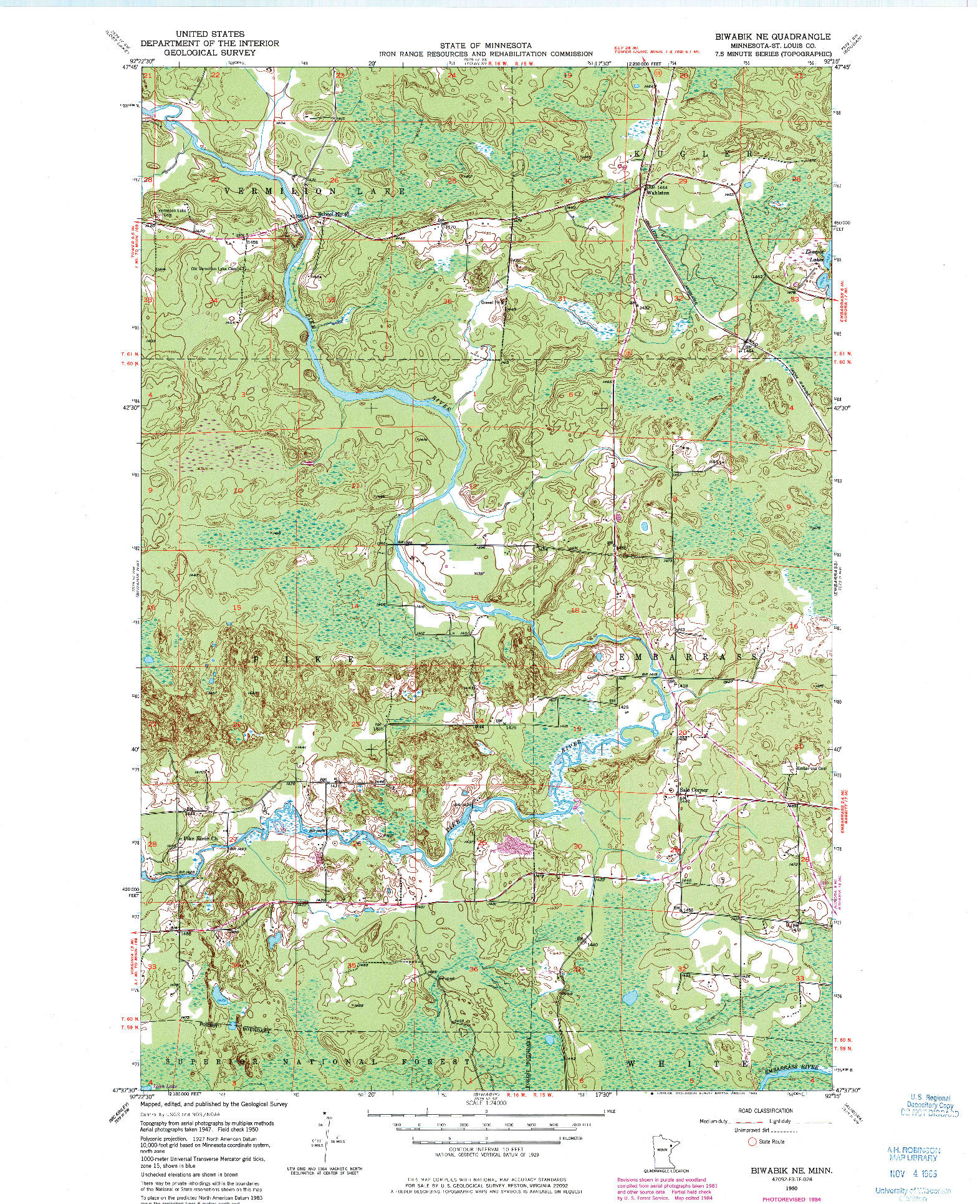 USGS 1:24000-SCALE QUADRANGLE FOR BIWABIK NE, MN 1950