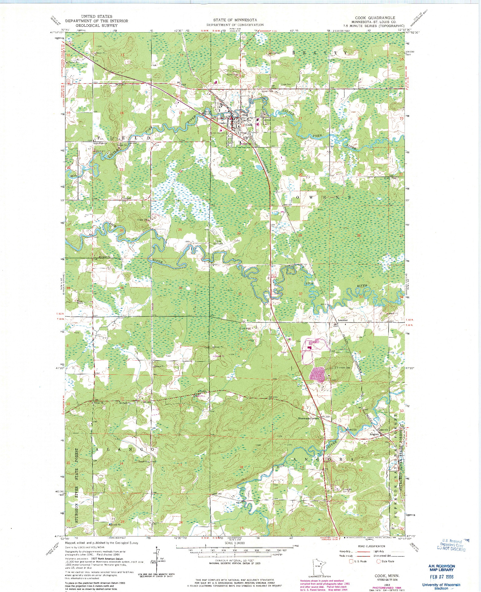 USGS 1:24000-SCALE QUADRANGLE FOR COOK, MN 1964