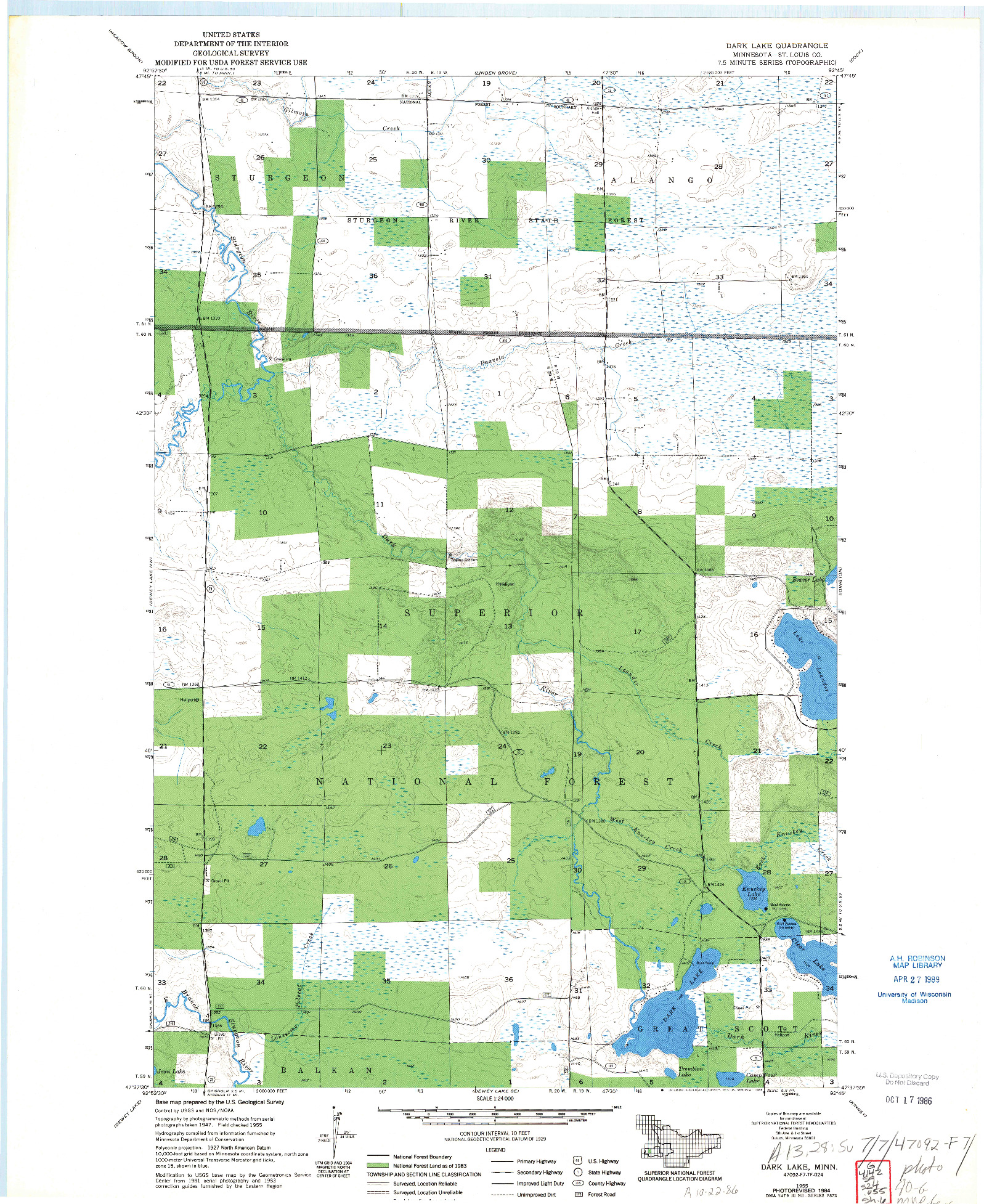 USGS 1:24000-SCALE QUADRANGLE FOR DARK LAKE, MN 1955