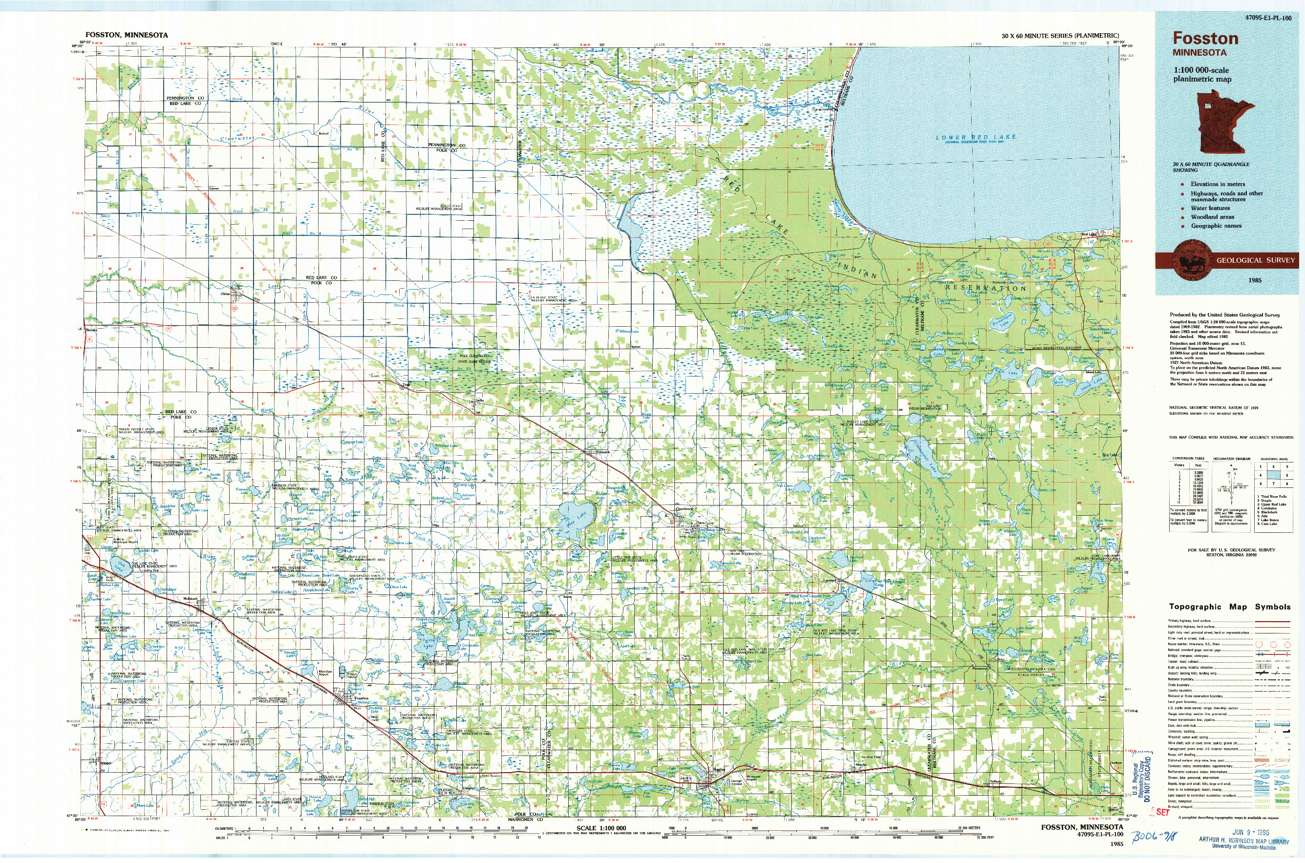 USGS 1:100000-SCALE QUADRANGLE FOR FOSSTON, MN 1985