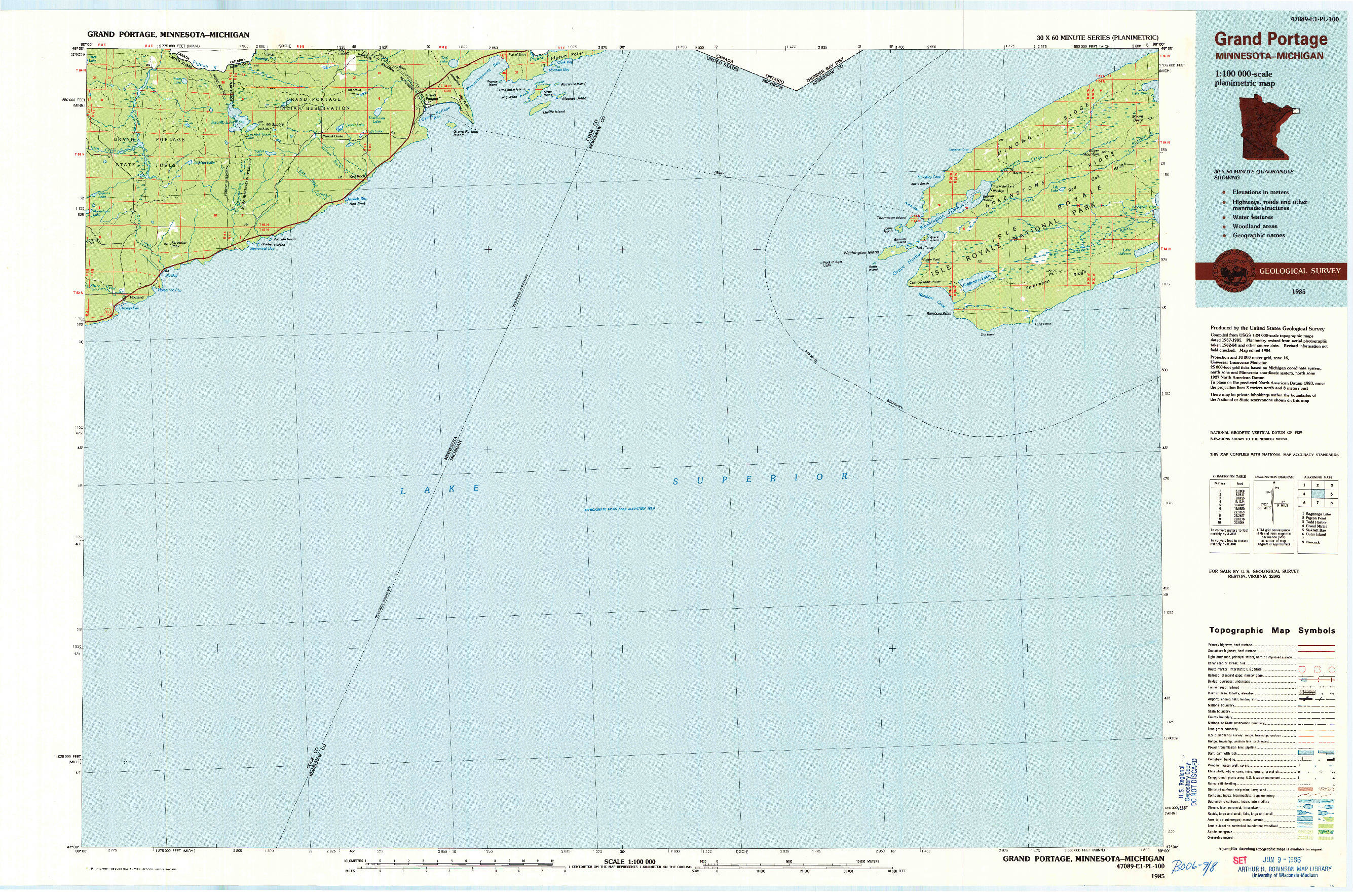 USGS 1:100000-SCALE QUADRANGLE FOR GRAND PORTAGE, MN 1985