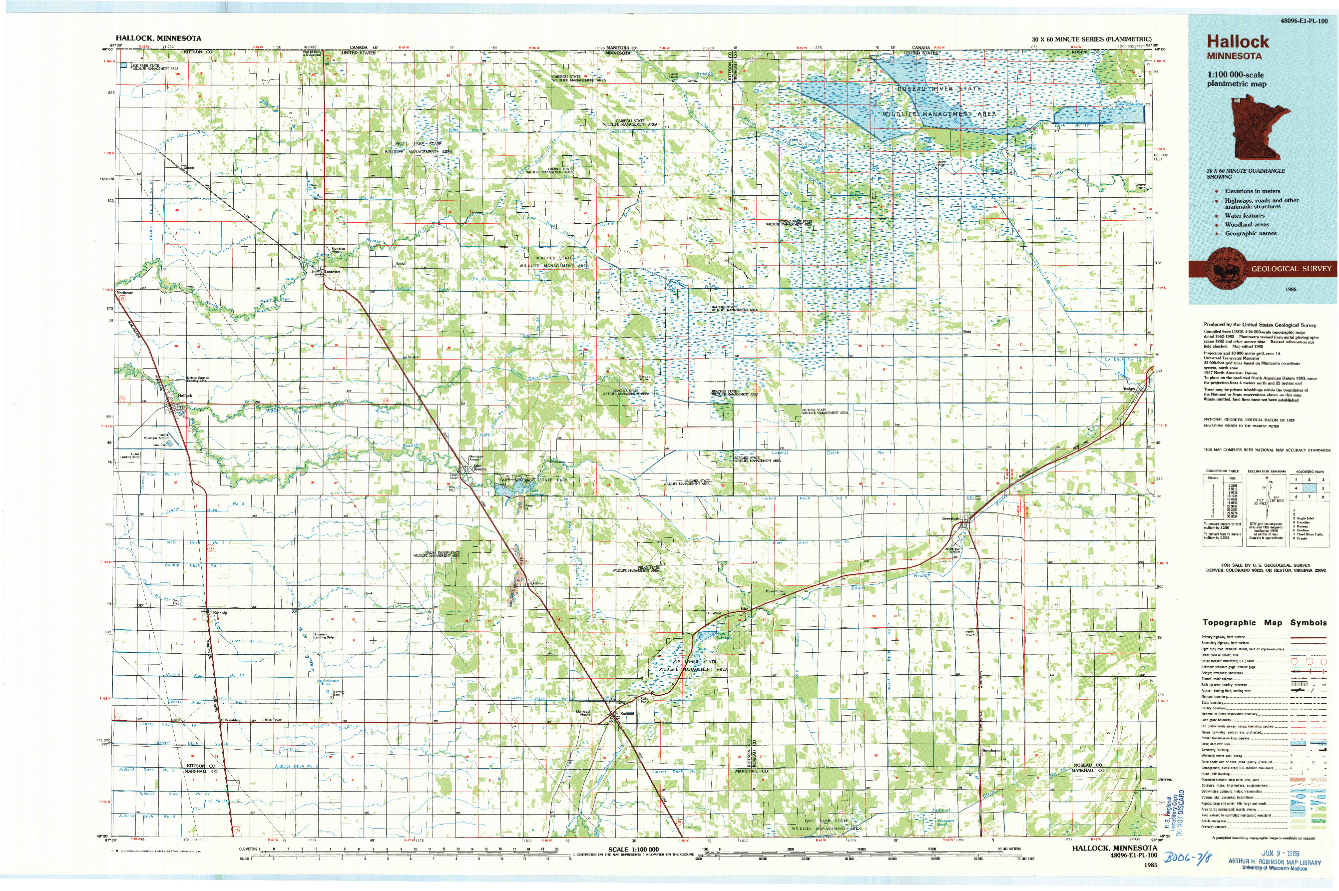 USGS 1:100000-SCALE QUADRANGLE FOR HALLOCK, MN 1985