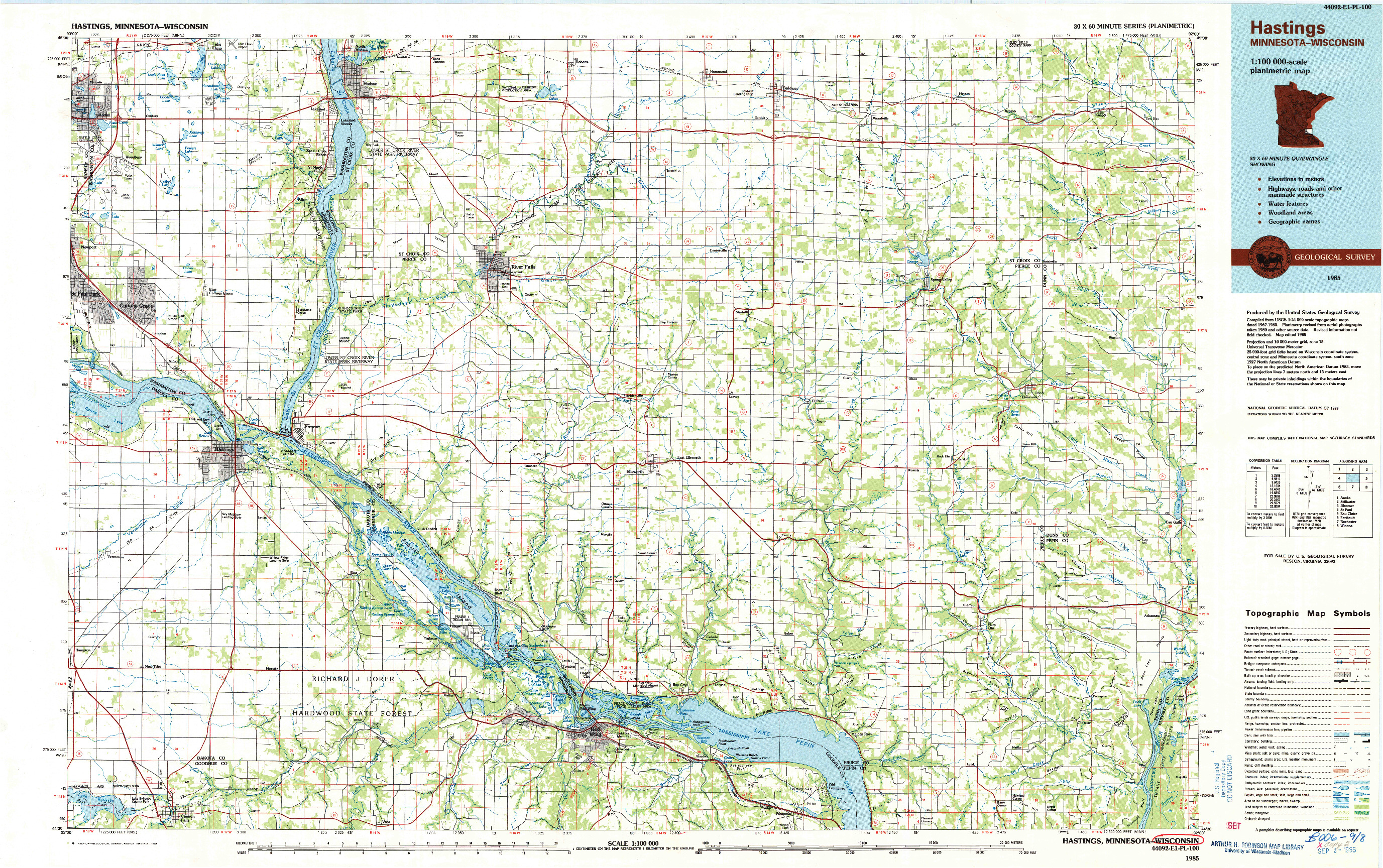USGS 1:100000-SCALE QUADRANGLE FOR HASTINGS, MN 1985