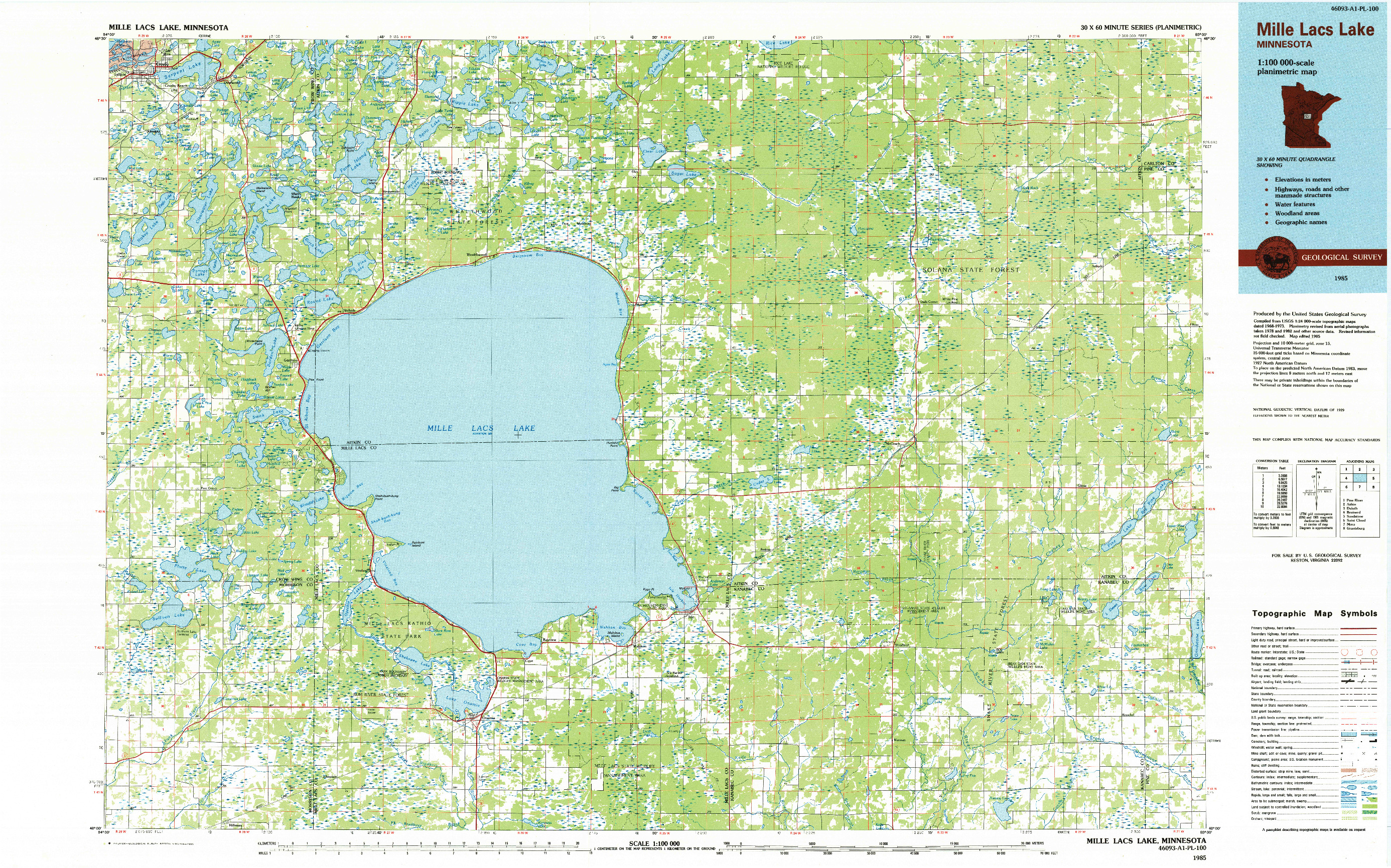 USGS 1:100000-SCALE QUADRANGLE FOR MILLE LACS LAKE, MN 1985