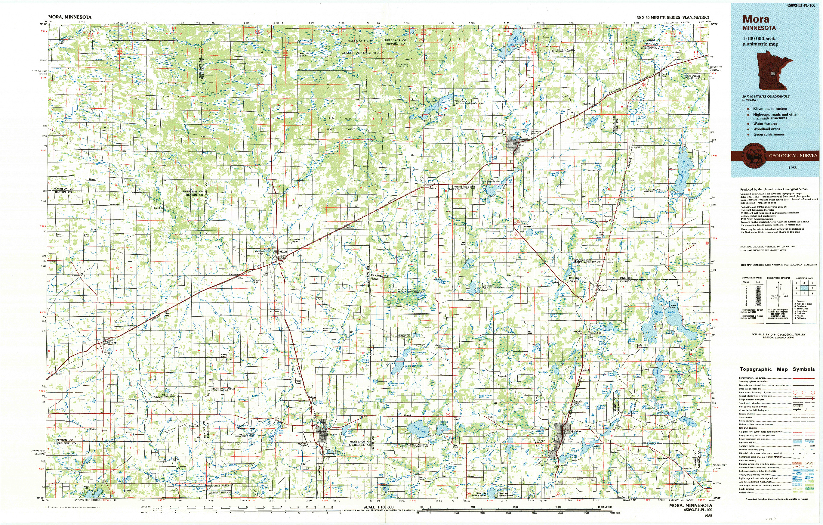 USGS 1:100000-SCALE QUADRANGLE FOR MORA, MN 1985