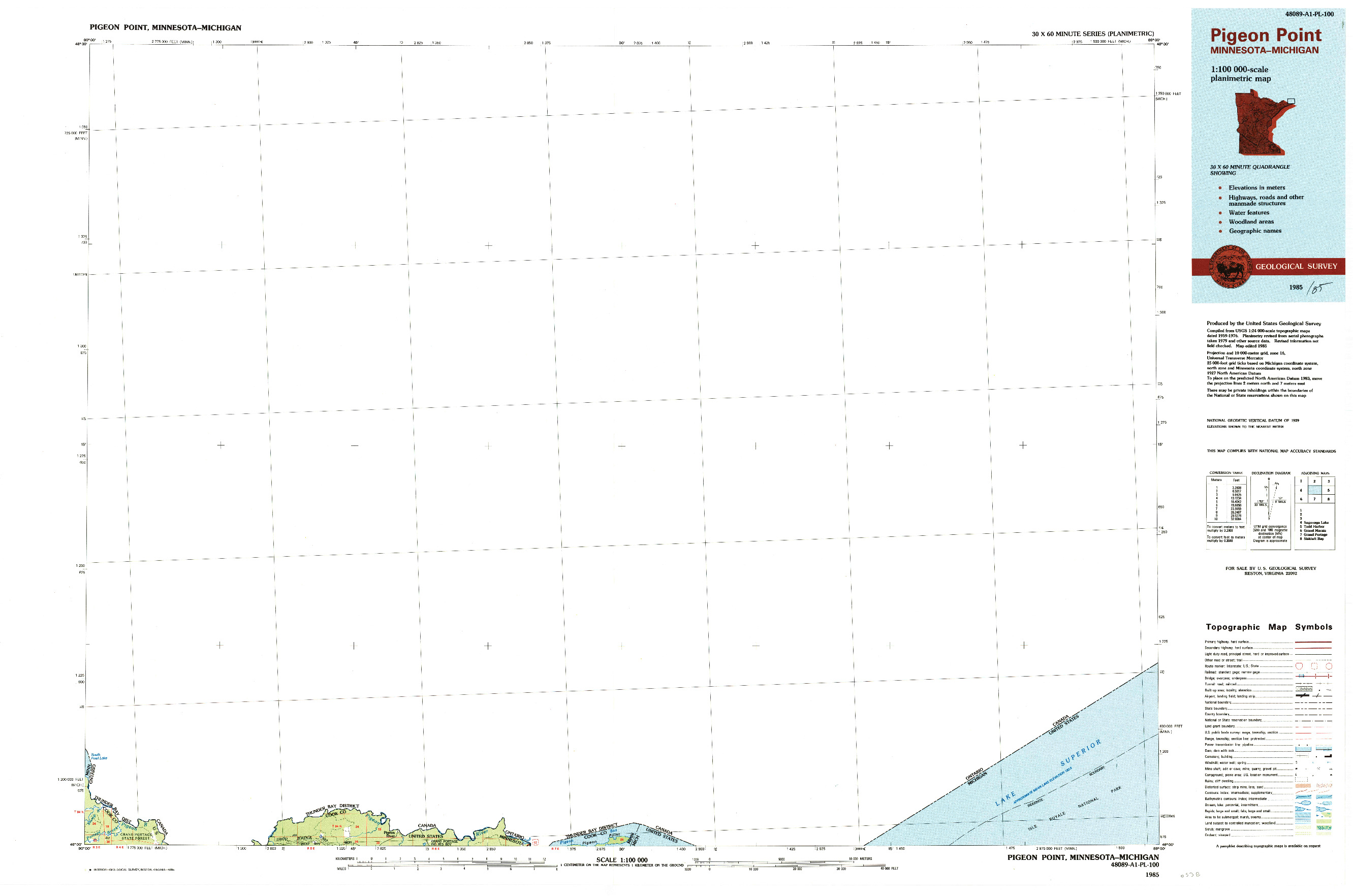 USGS 1:100000-SCALE QUADRANGLE FOR PIGEON POINT, MN 1985