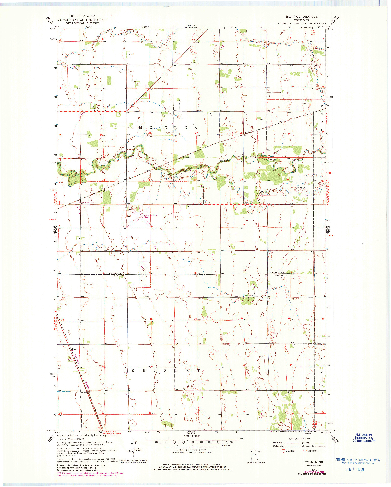 USGS 1:24000-SCALE QUADRANGLE FOR ROAN, MN 1961