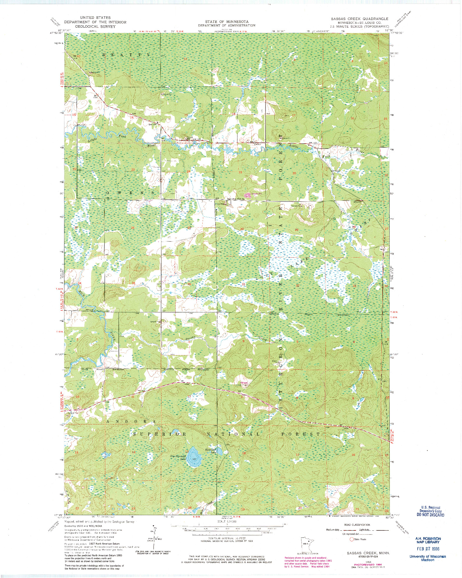 USGS 1:24000-SCALE QUADRANGLE FOR SASSAS CREEK, MN 1964