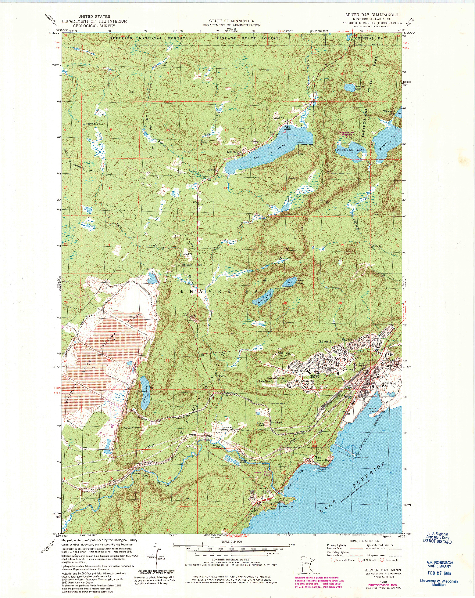 USGS 1:24000-SCALE QUADRANGLE FOR SILVER BAY, MN 1982