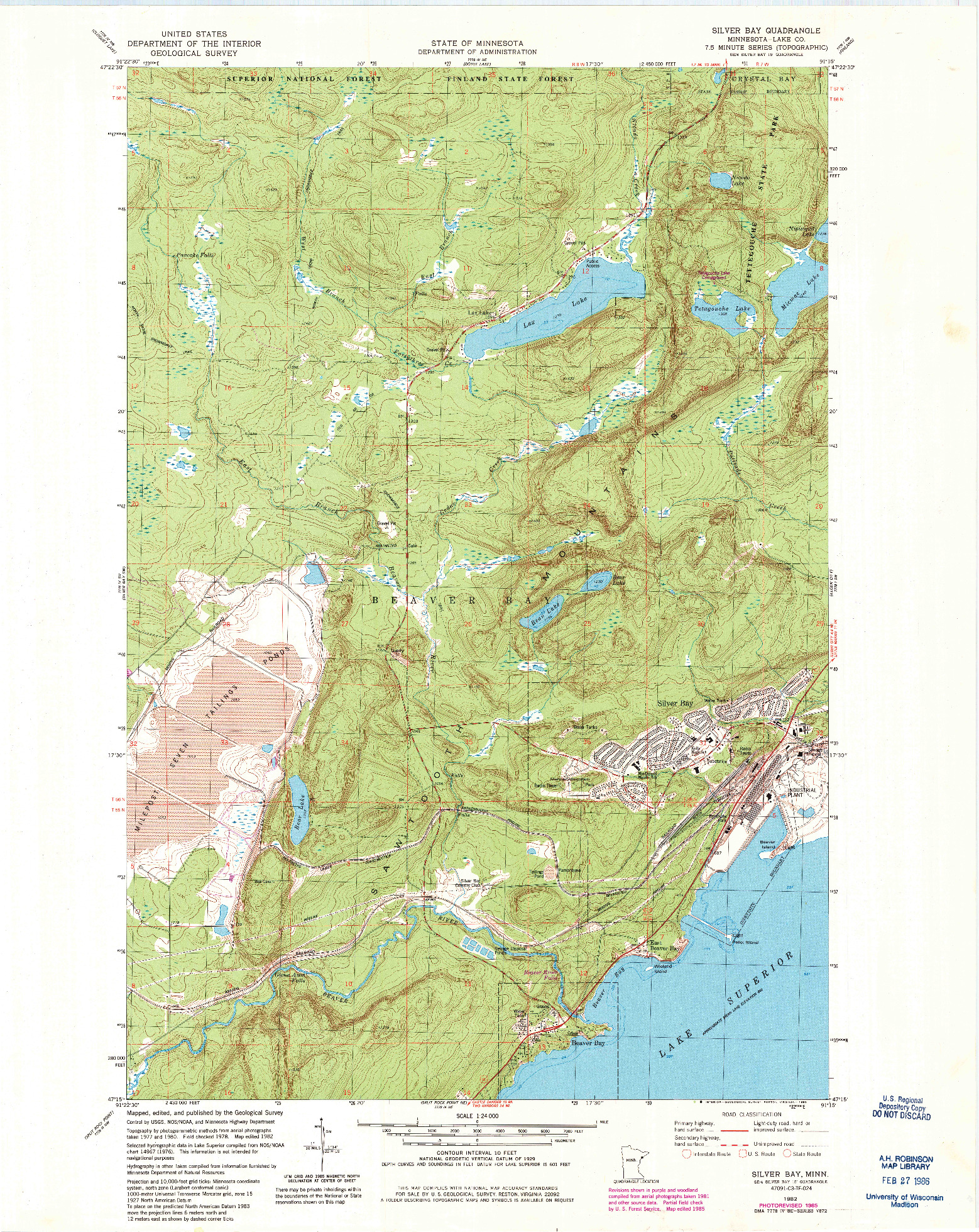 USGS 1:24000-SCALE QUADRANGLE FOR SILVER BAY, MN 1982