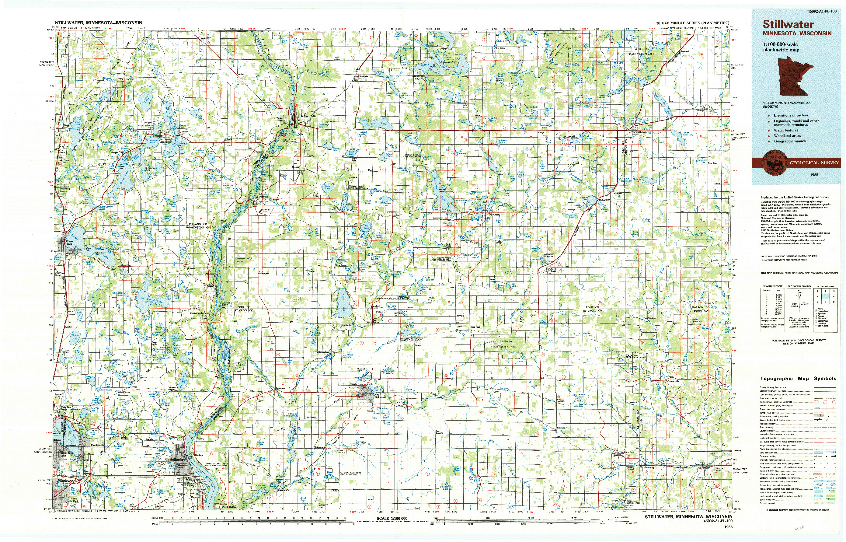 USGS 1:100000-SCALE QUADRANGLE FOR STILLWATER, MN 1985