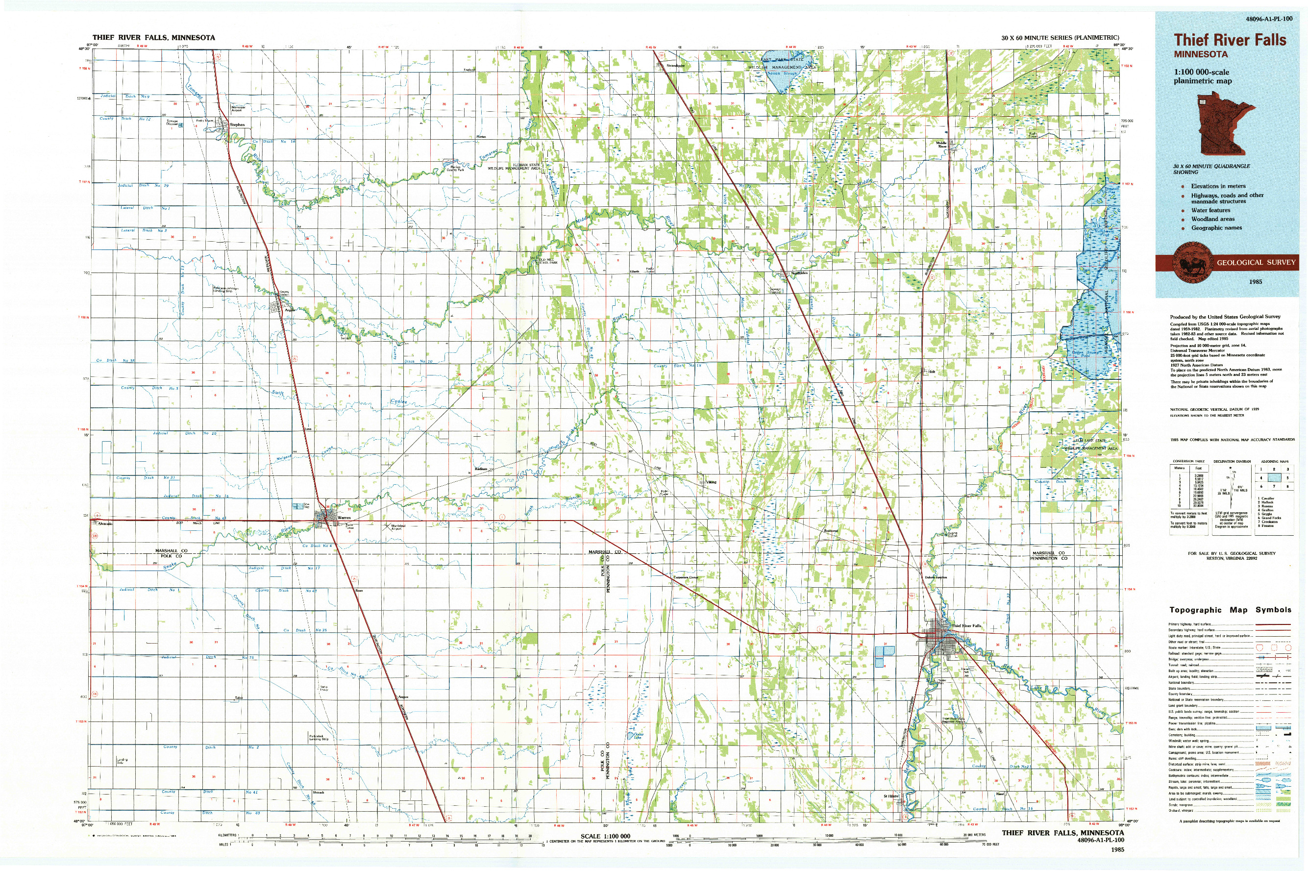 USGS 1:100000-SCALE QUADRANGLE FOR THIEF RIVER FALLS, MN 1985